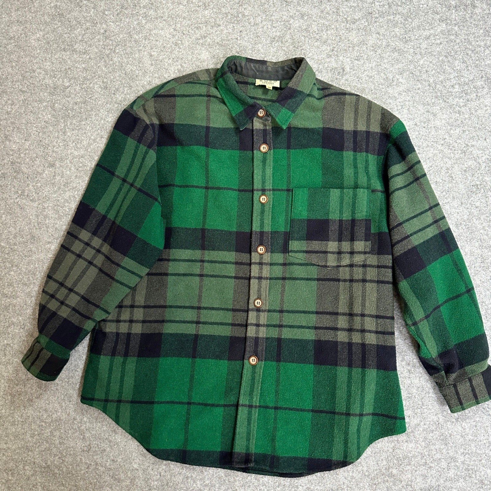 Russ Studio Vintage Flannel Shirt 14 Green Black Plaid Heavyweight Made in USA