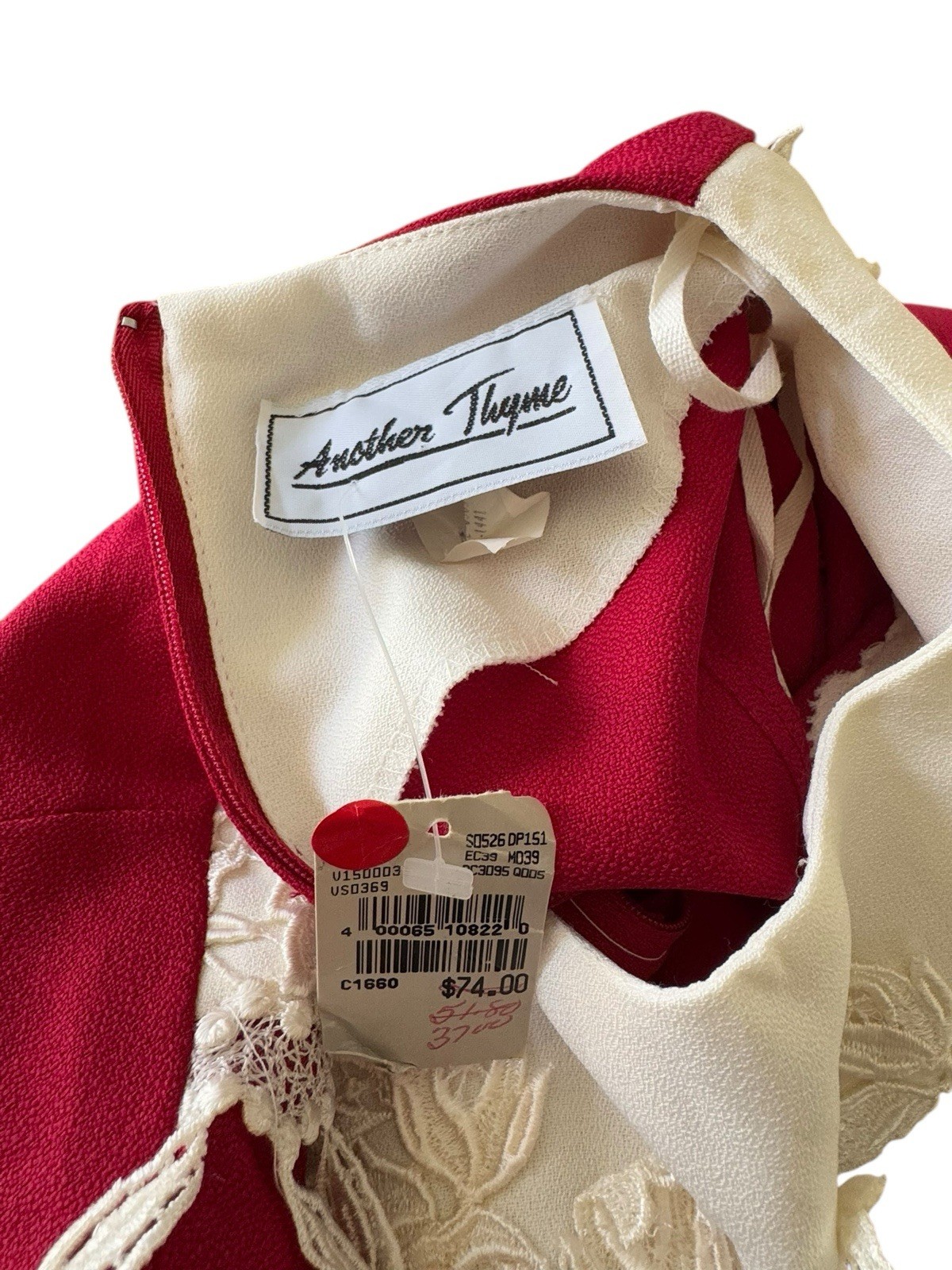 NOS Vintage Another Thyme Red Dress Size 12 Floral Lace Applique Neck Holiday