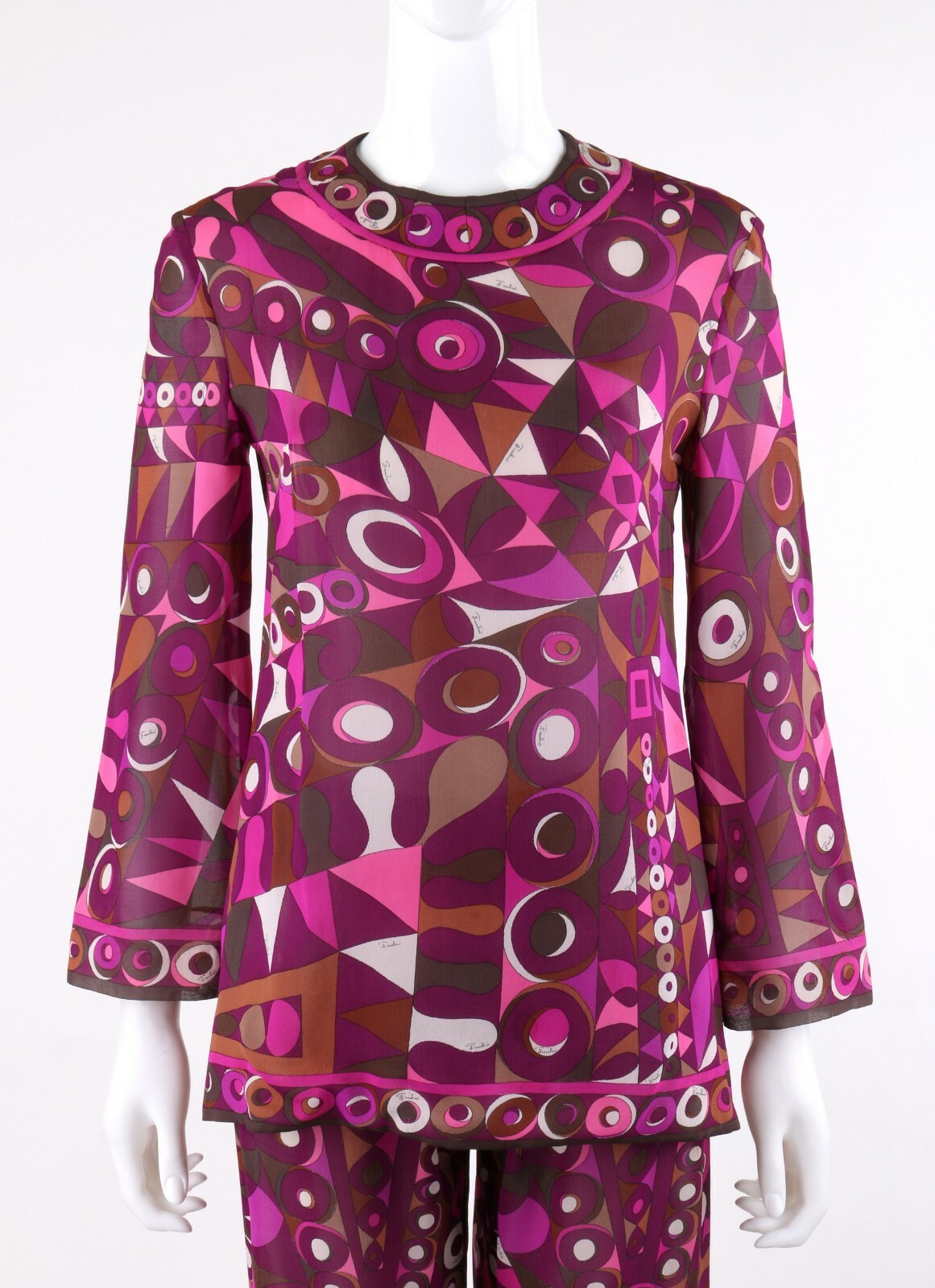 EMILIO PUCCI c.1960s 2pc Purple Multicolor Op Art Silk Blouse Pants Set Ensemble