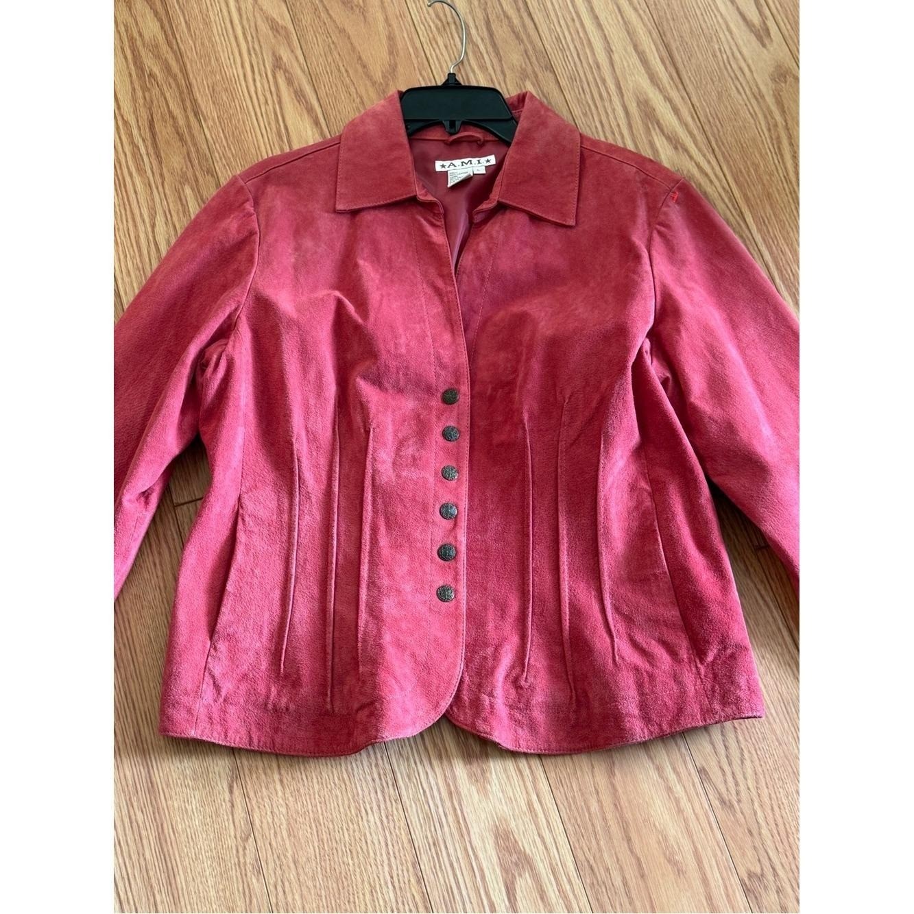 Vintage A.M.I. Pink Suede Leather Jacket Size L Pleated Corset Waist