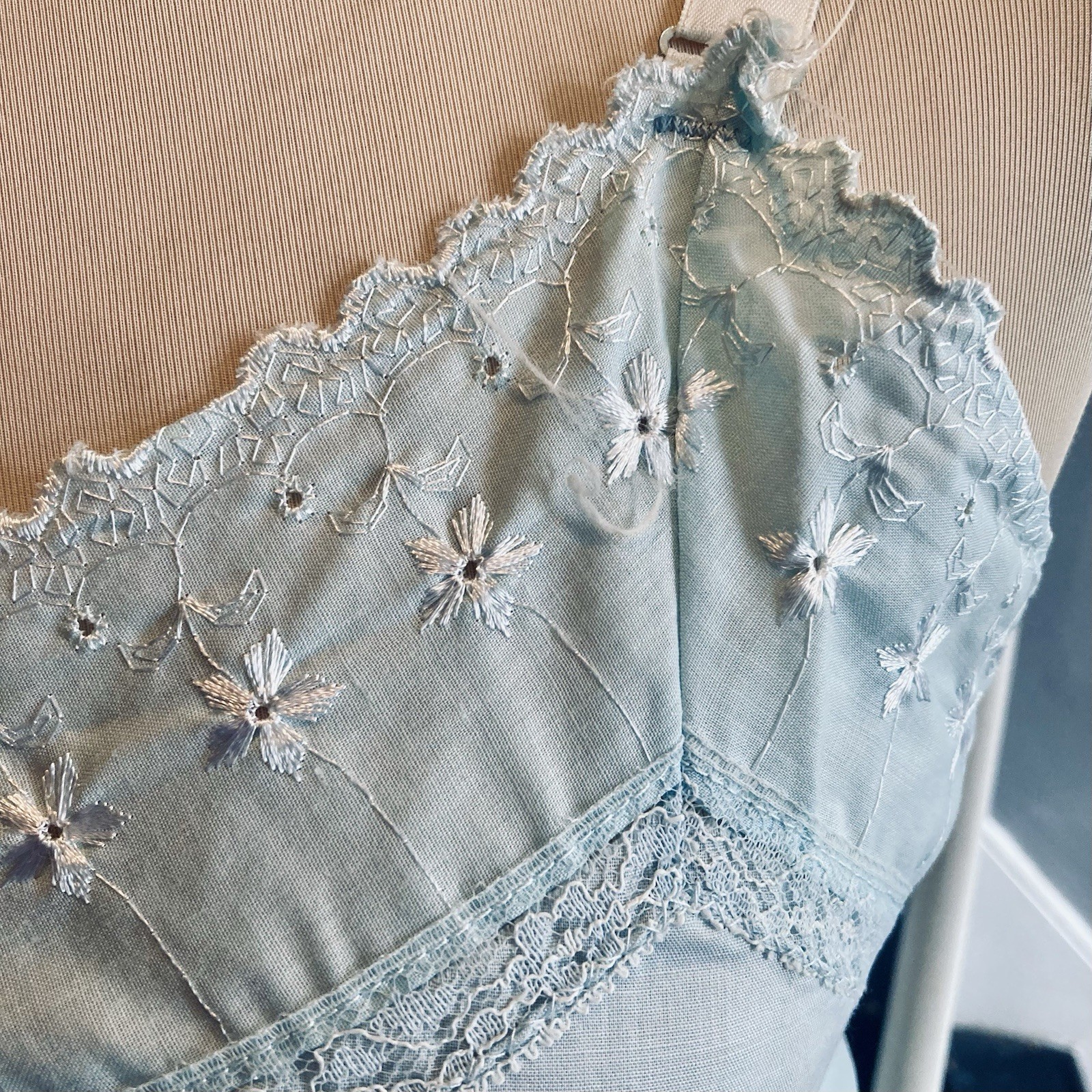 1970s Poly cotton Eyelet Lace Midi Slip Pastel Baby Blue Lingerie Pinup Hippie