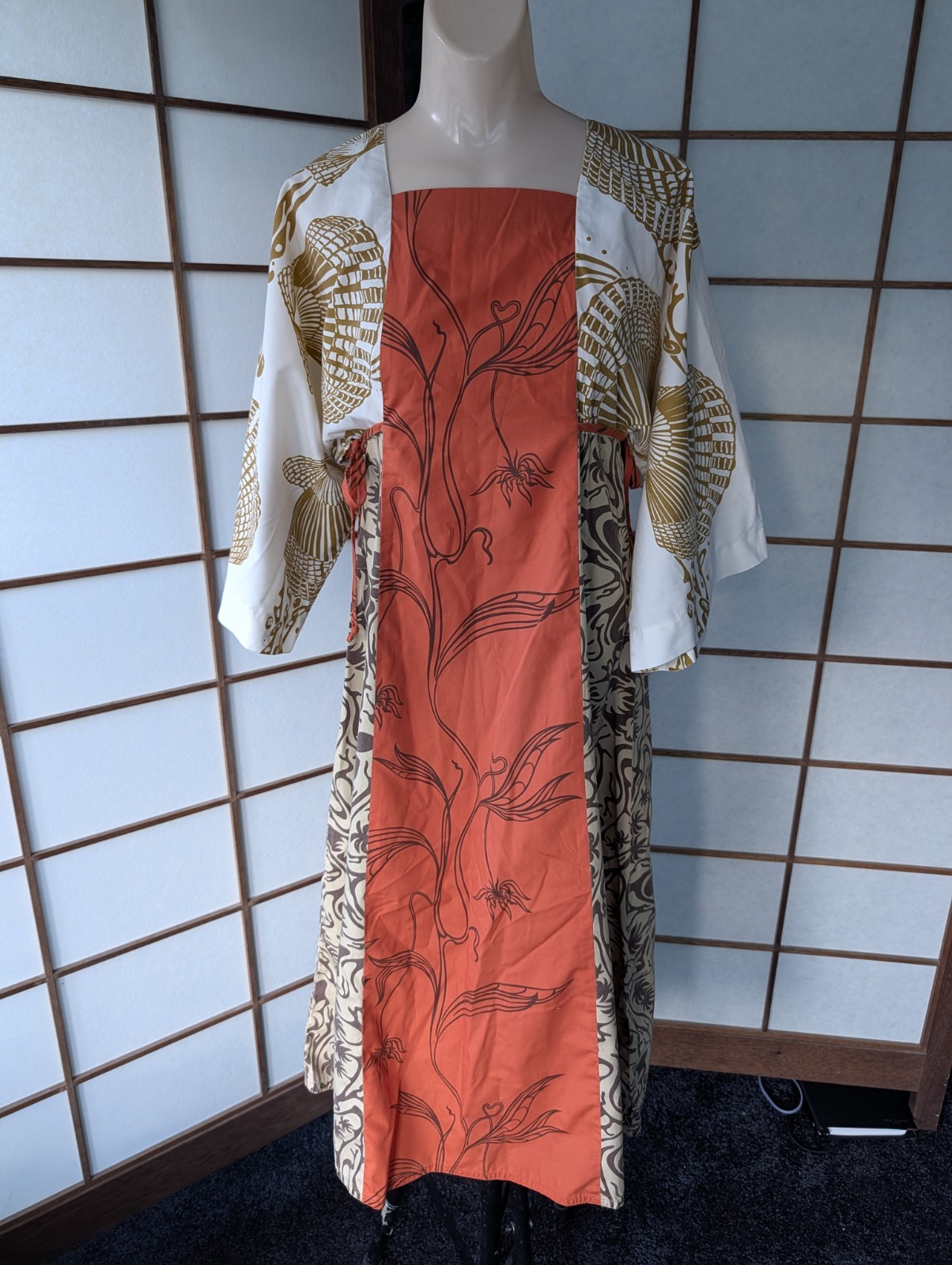 Vintage1970s Tiki Togs Suva Fiji Hawaiian Maxi Dress Caftan M Kimono Sleeves