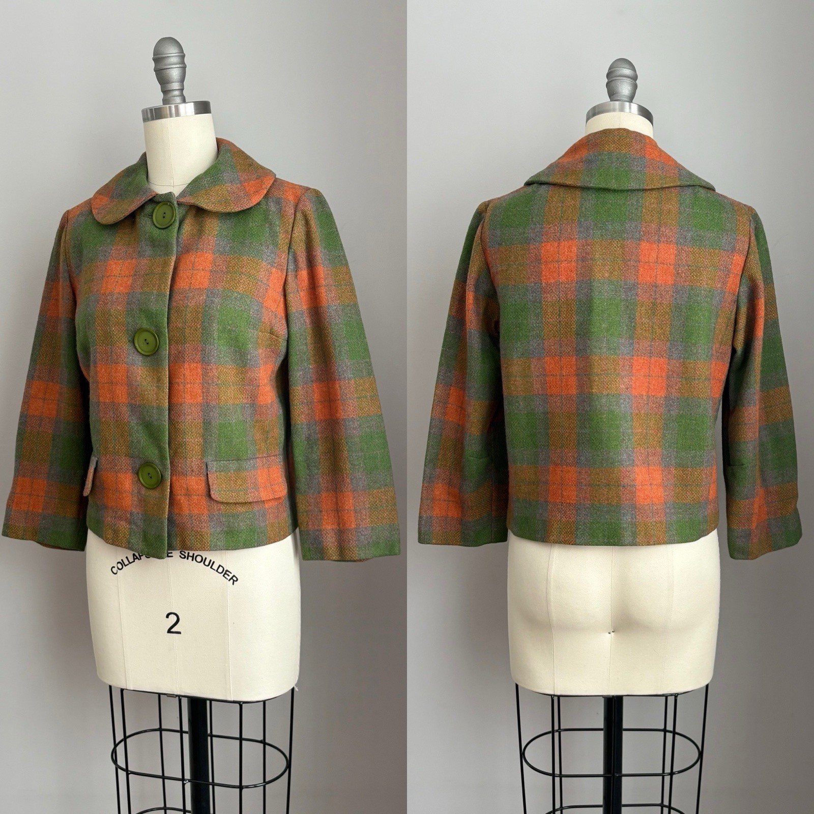 Vintage 1950’s Rainbow Plaid Wool Cropped Peter Pan collar Jacket XS/S