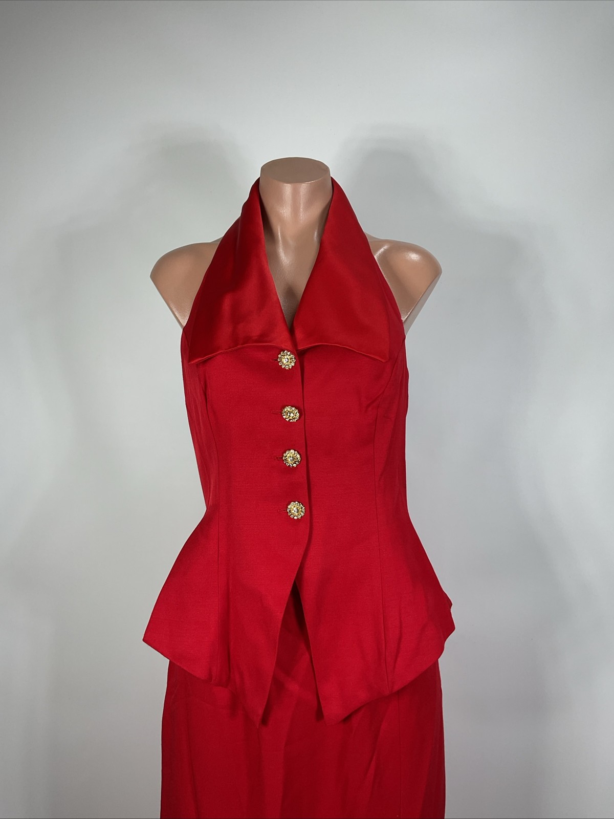Vintage 80s Red Halter Tuxedo Evening Gown 2pc Set Mother Party Prom Evening 14