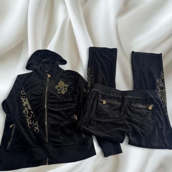 BCBG black and gold graphic velour tracksuit set y2k vintage mcbling