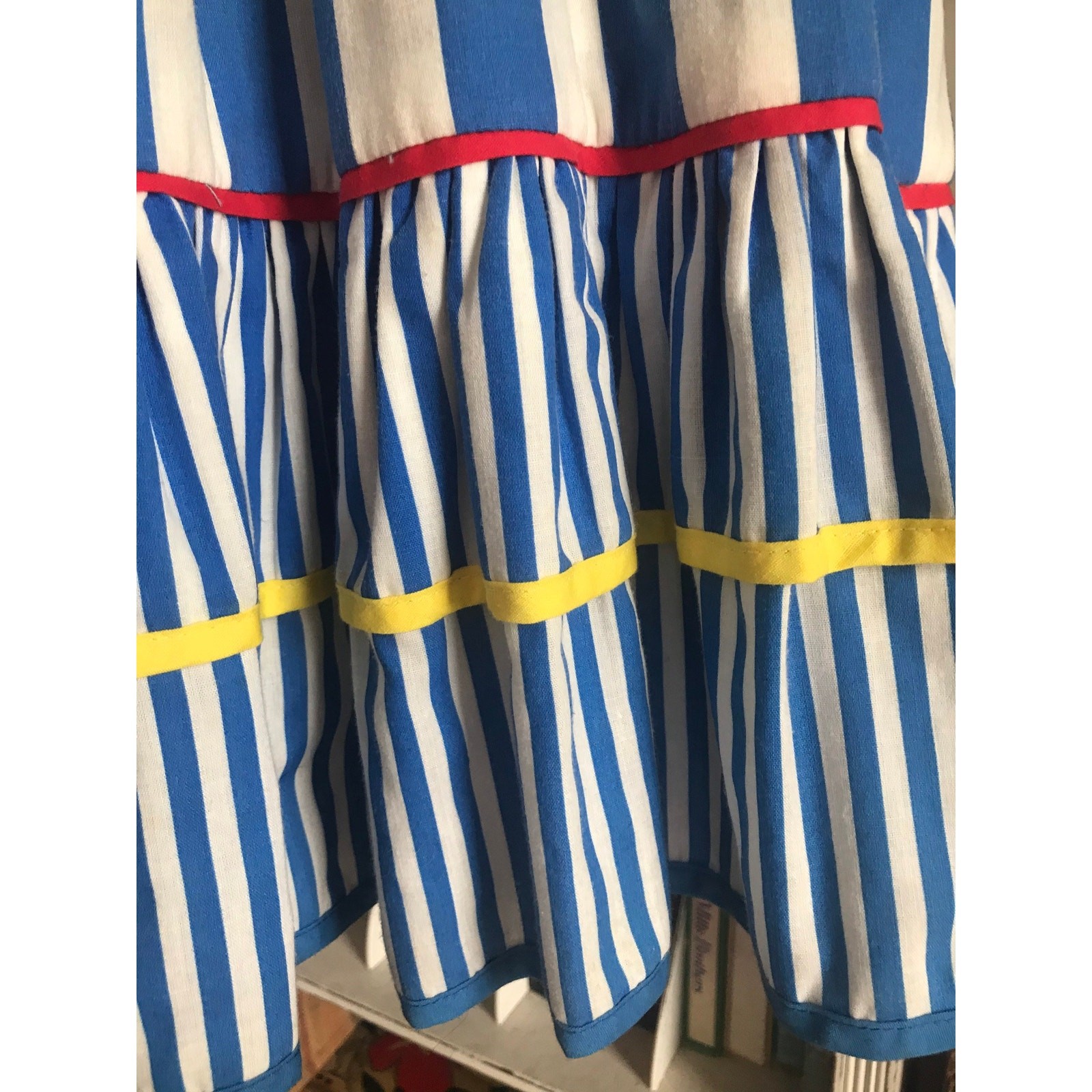 1970s Striped Sun Dress Blue Red Yellow Cotton Spaghetti Strap Flared Midi