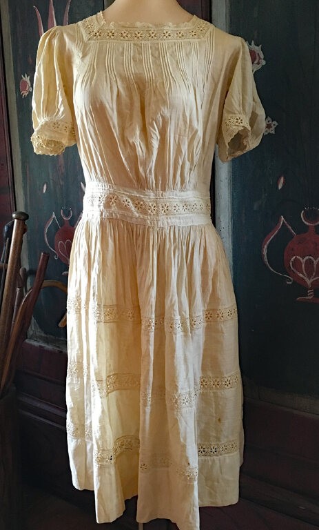 Antique Edwardian Cotton Tea Dress with Eyelet Lace inserts- For Girl/Young Adul