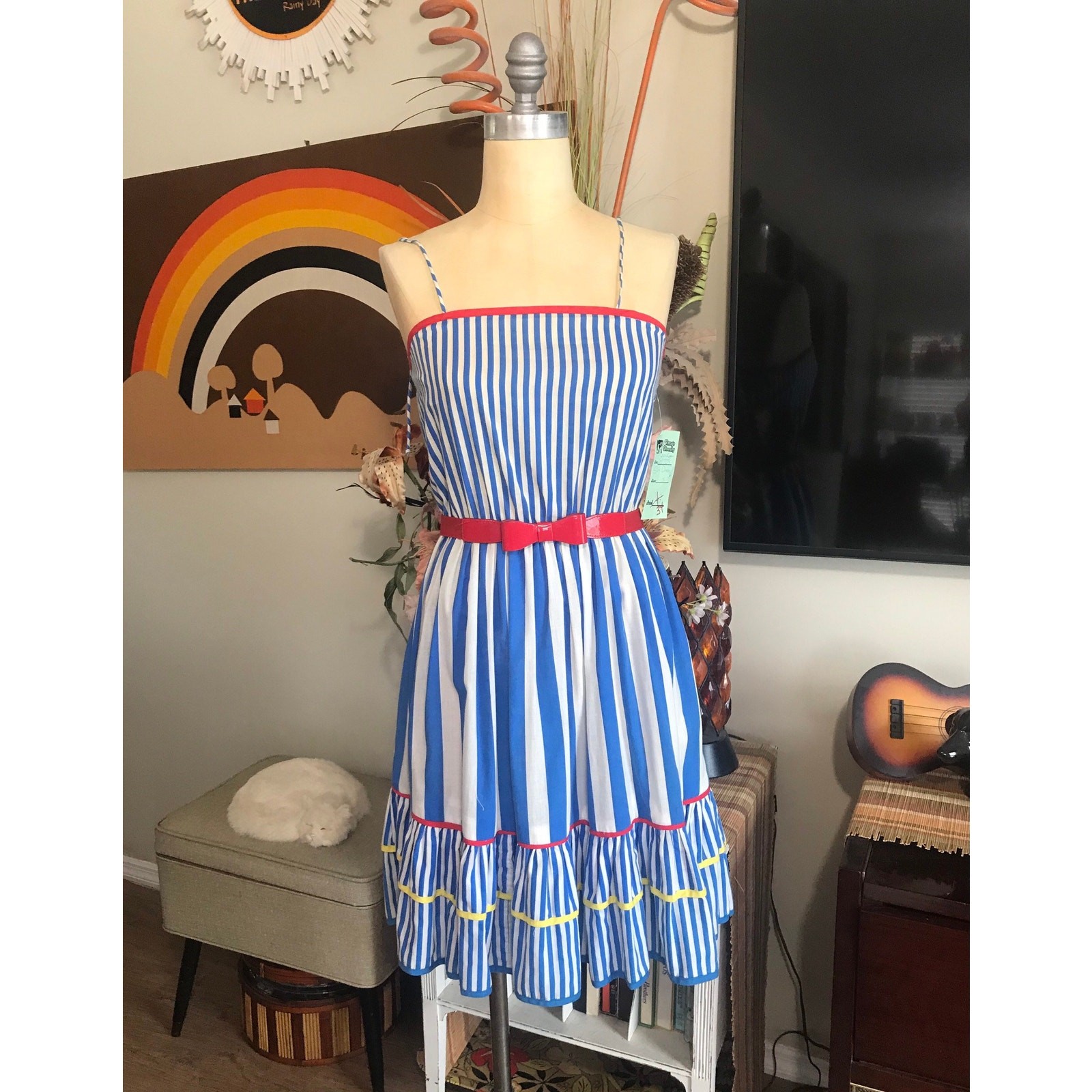 1970s Striped Sun Dress Blue Red Yellow Cotton Spaghetti Strap Flared Midi