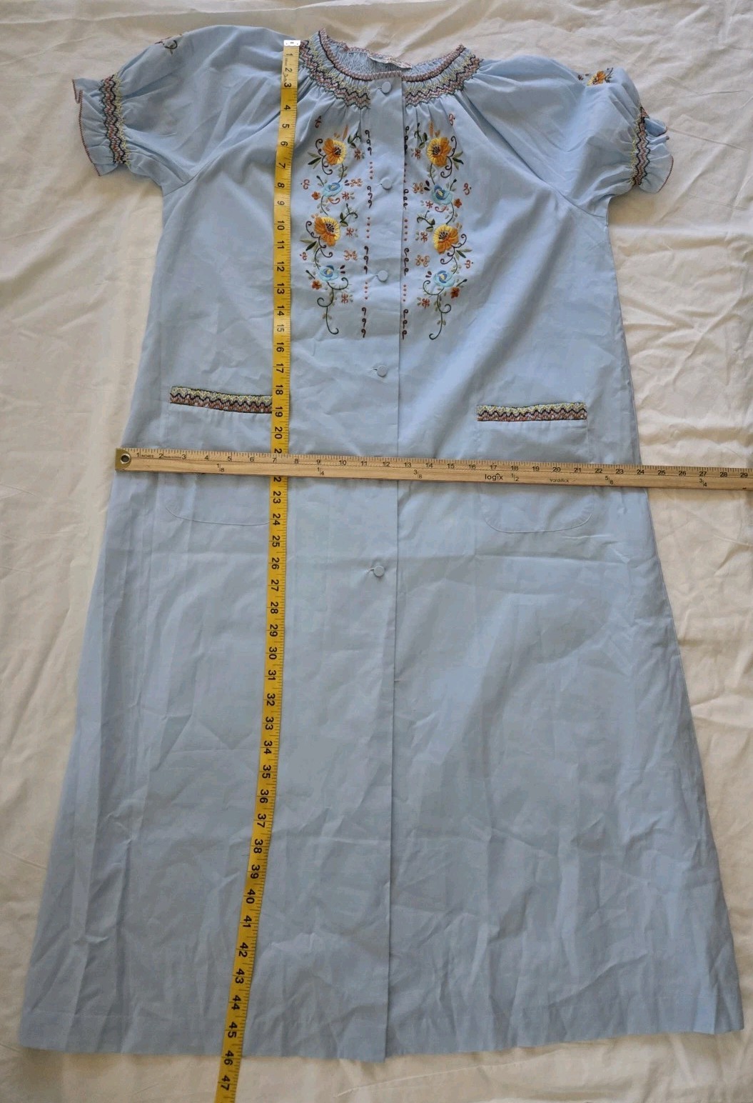 Vintage Peacock House Dress Blue Hand Embroidered Floral Smocked Pockets Size 38