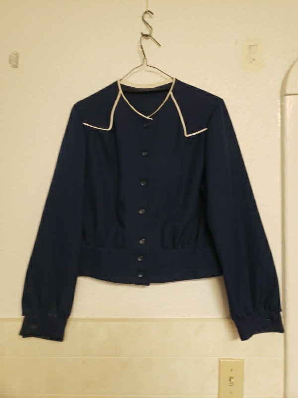 Vintage Blazer Dress Suit Top Women’s Button Jacket XL Navy No Collar White Trim