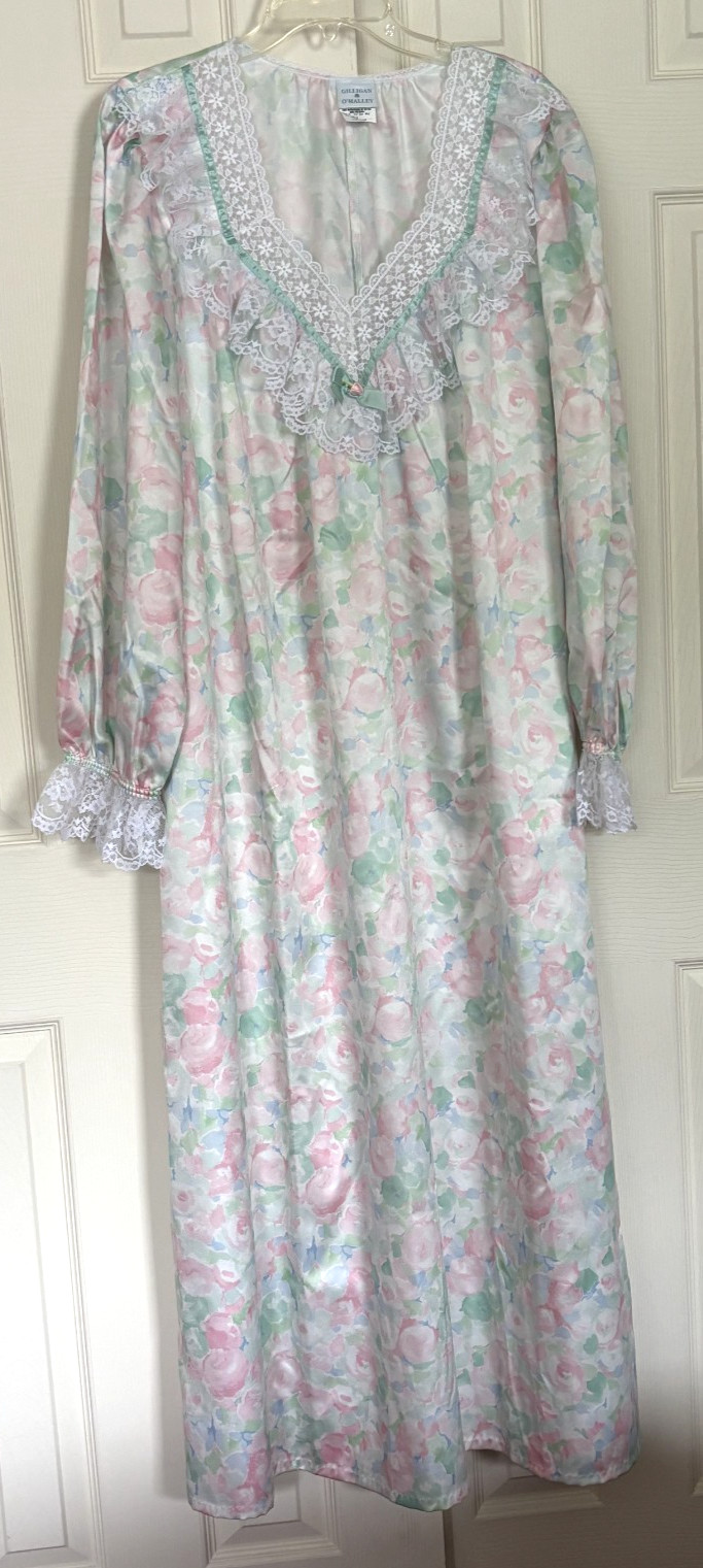 VTG Gilligan O&rsquo;Malley Satin Maxi Nightgown XXL Cottagecore Lace Floral Pastel