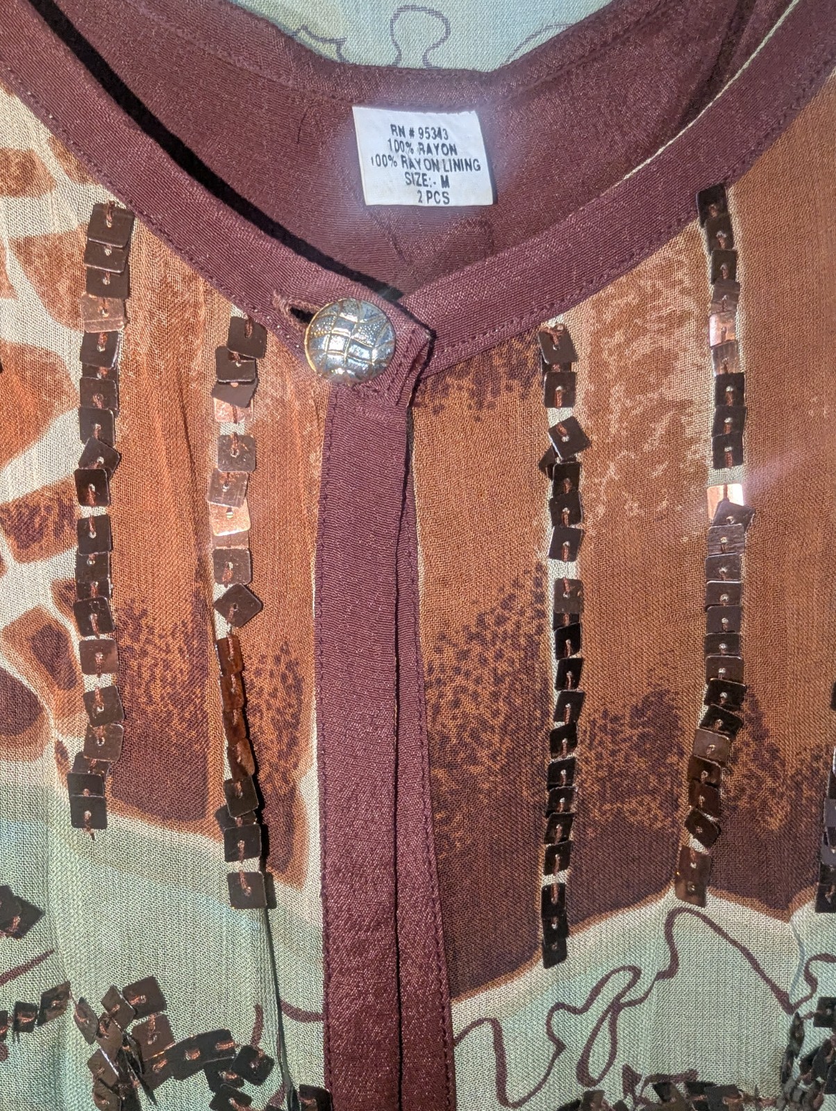 ASHRO 2 Piece Long Dress/Duster Jacket Set Brown Green Copper Size M