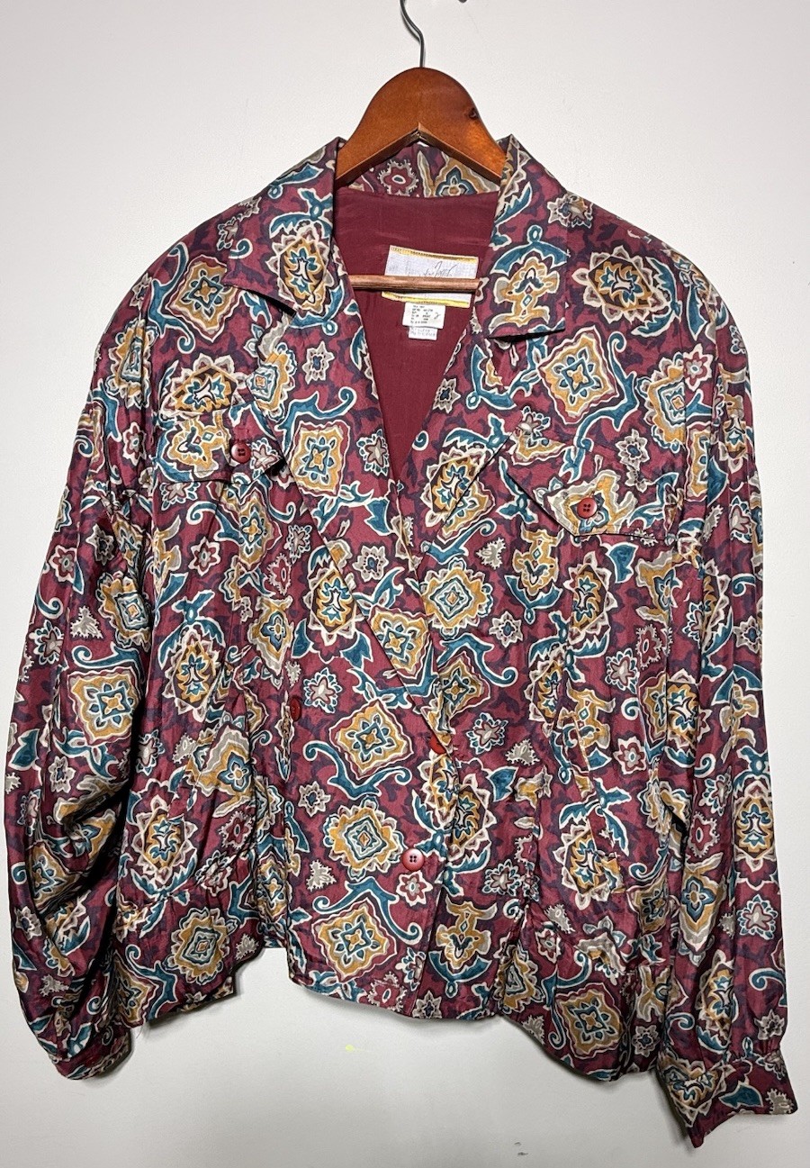 VTG Jacqueline Ferrar 100% Silk Jacket Womens 16 Red Paisley Boho Art To Wear