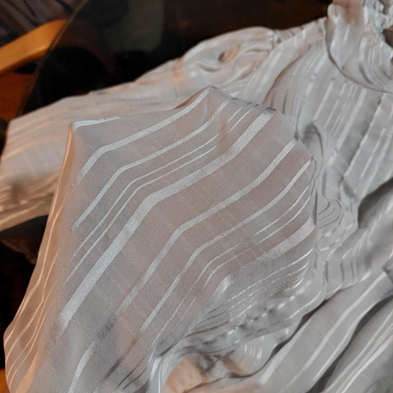 Vintage silver striped button up with ruffle collar.