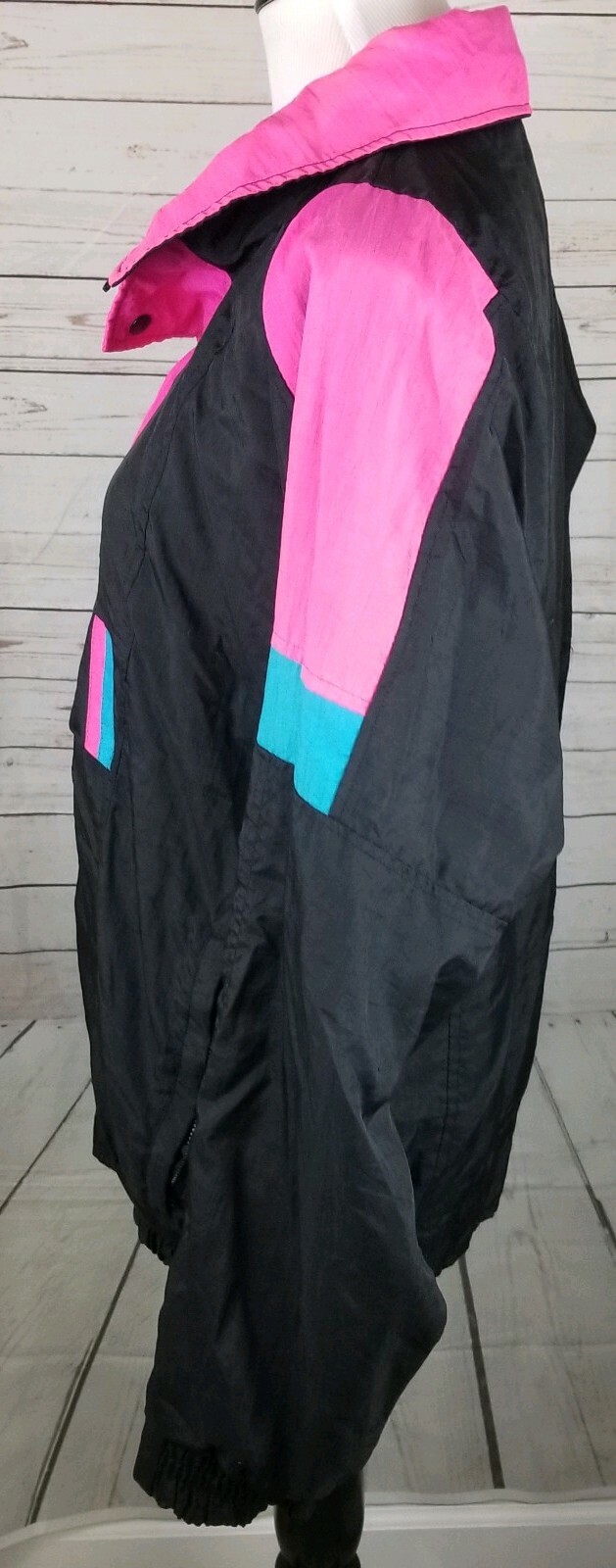 Vintage 80s Track Jacket Large Colorblock Unisex Black Neon Pink Blue