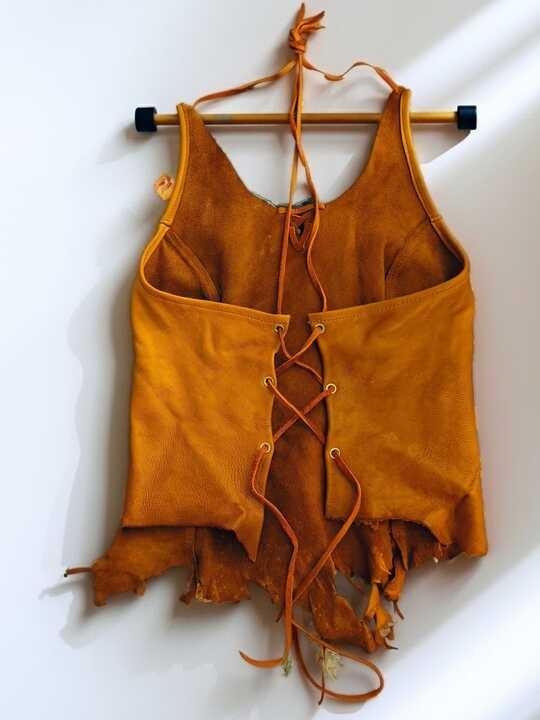 Rare 1990s Genuine Leather Open Back Halter Top Corset Lace Up Brown Small