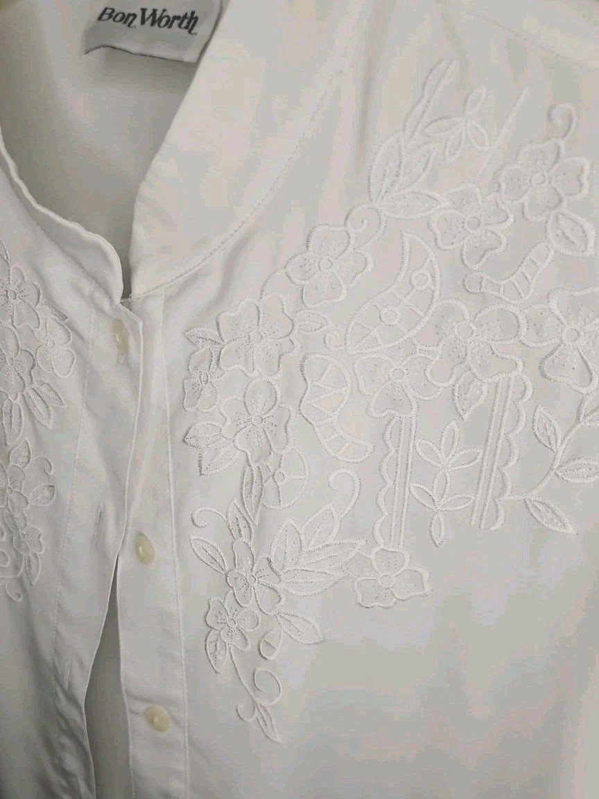 Cottagecore Vtg 80s Bon Worth Floral Embroidered White Blouse PL Prairie Modest