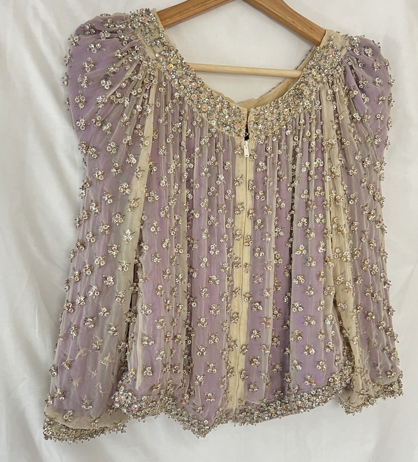 VTG Crystal Evening Jacket / Top Heavy Embellishment Sheer Silk Overlay Sparking