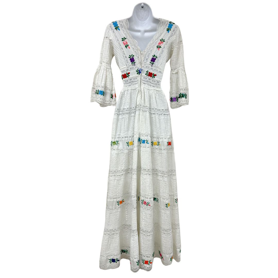 Vintage 1960s White Mexican Pintuck Floral Wedding Dress w Sheer Lace Detail