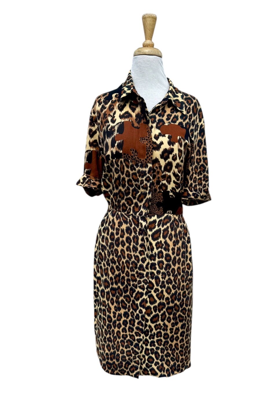 Vtg 90s Menu Animal Print Tiger + Puzzle Pc Novelty Print Midi Shirt Dress 9/10
