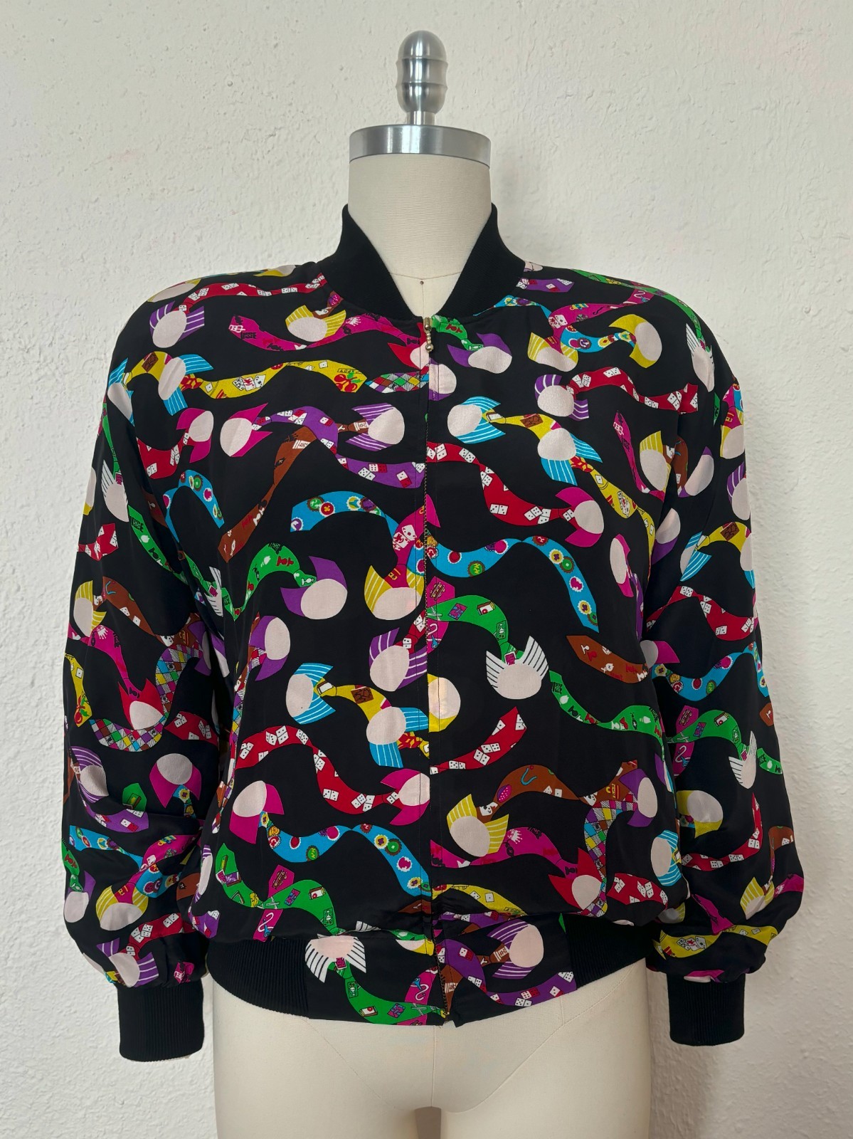 1990s Black Silk Bomber Style Jacket by Spenser Jeremy, Medium to Large