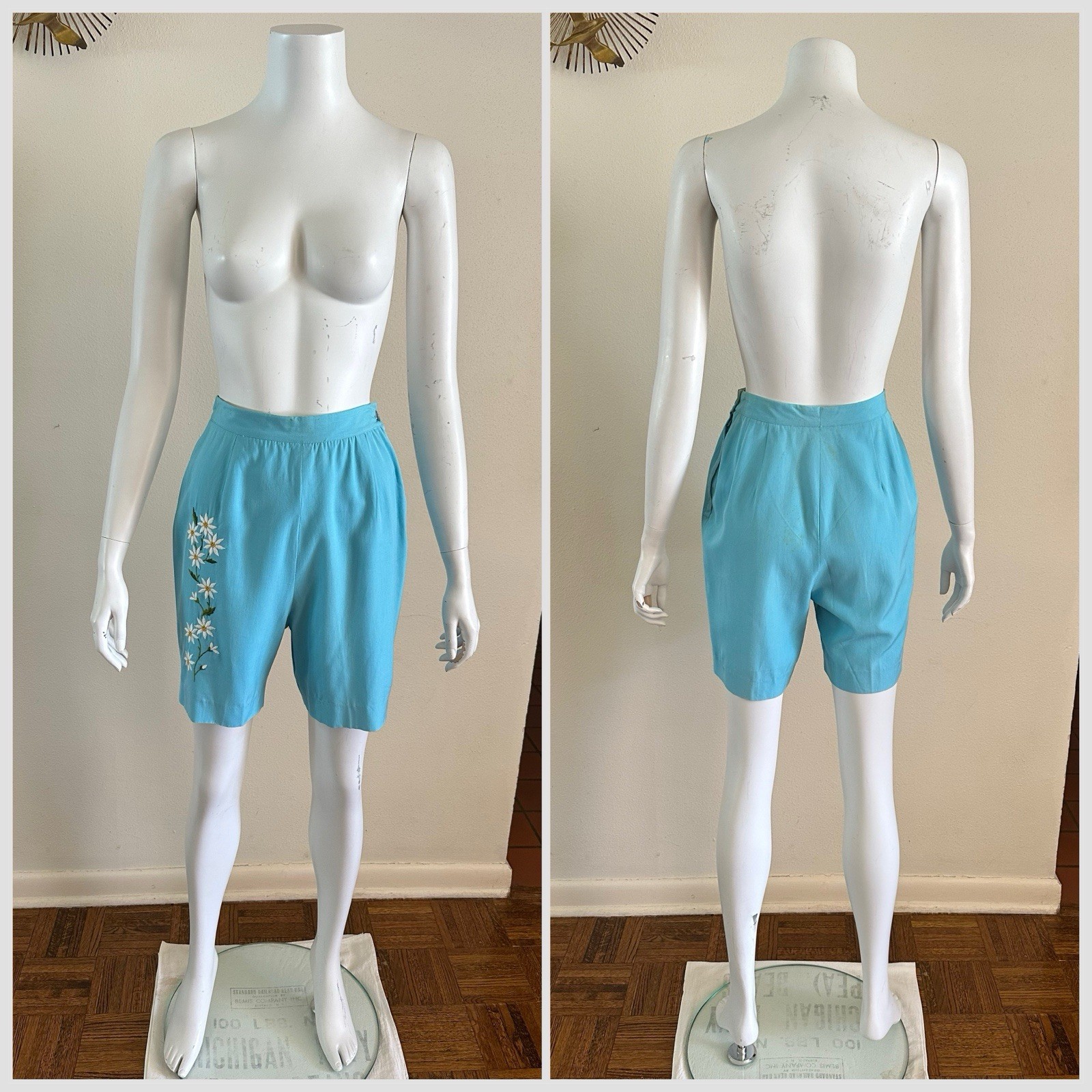 1940s Embroidered Daisy Floral Side Zip Shorts Helen Harper Rayon Resort VTG