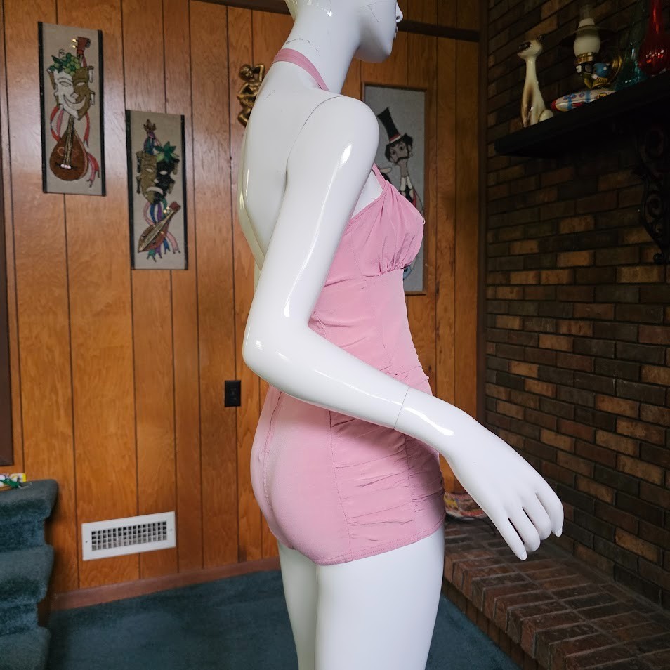 Vtg 50s Pink Ruched Sea Nymph Bombshell Halter Swim Bathing Glamour Suit XS/S