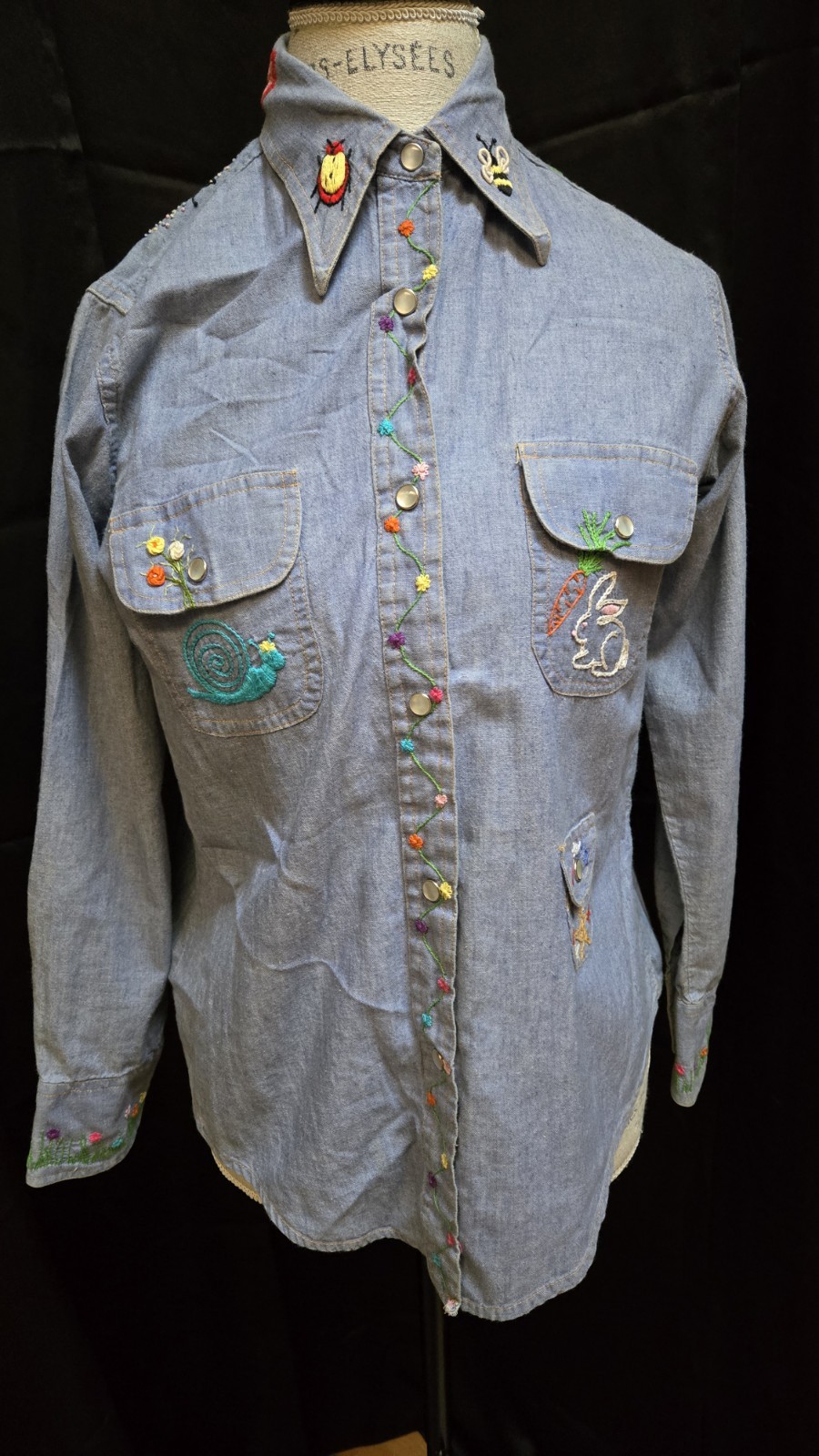 Vintage 70&rsquo;s Chambray Shirt Adult S Blue Embroidered Hippie Nature Sunset Snap