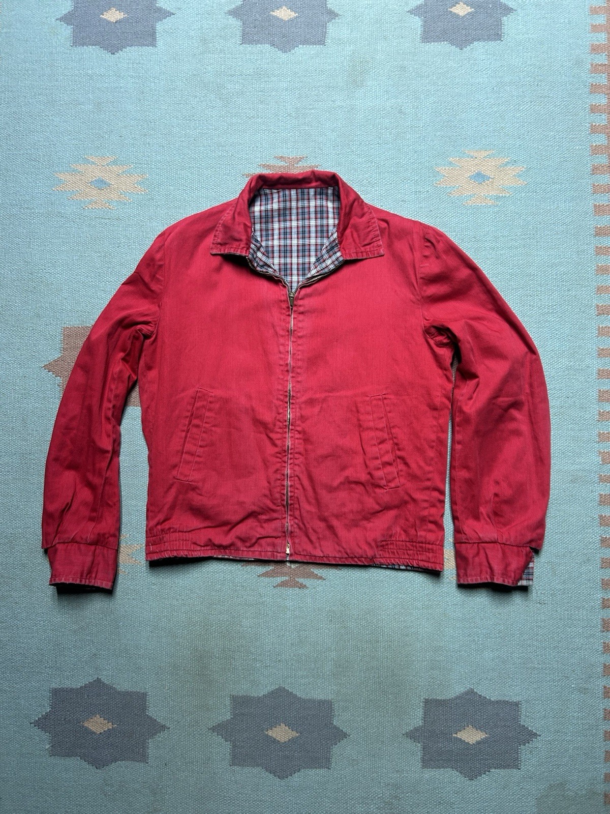 Vintage 50s reversible Ricky jacket plaid red black cotton gabardine women’s L