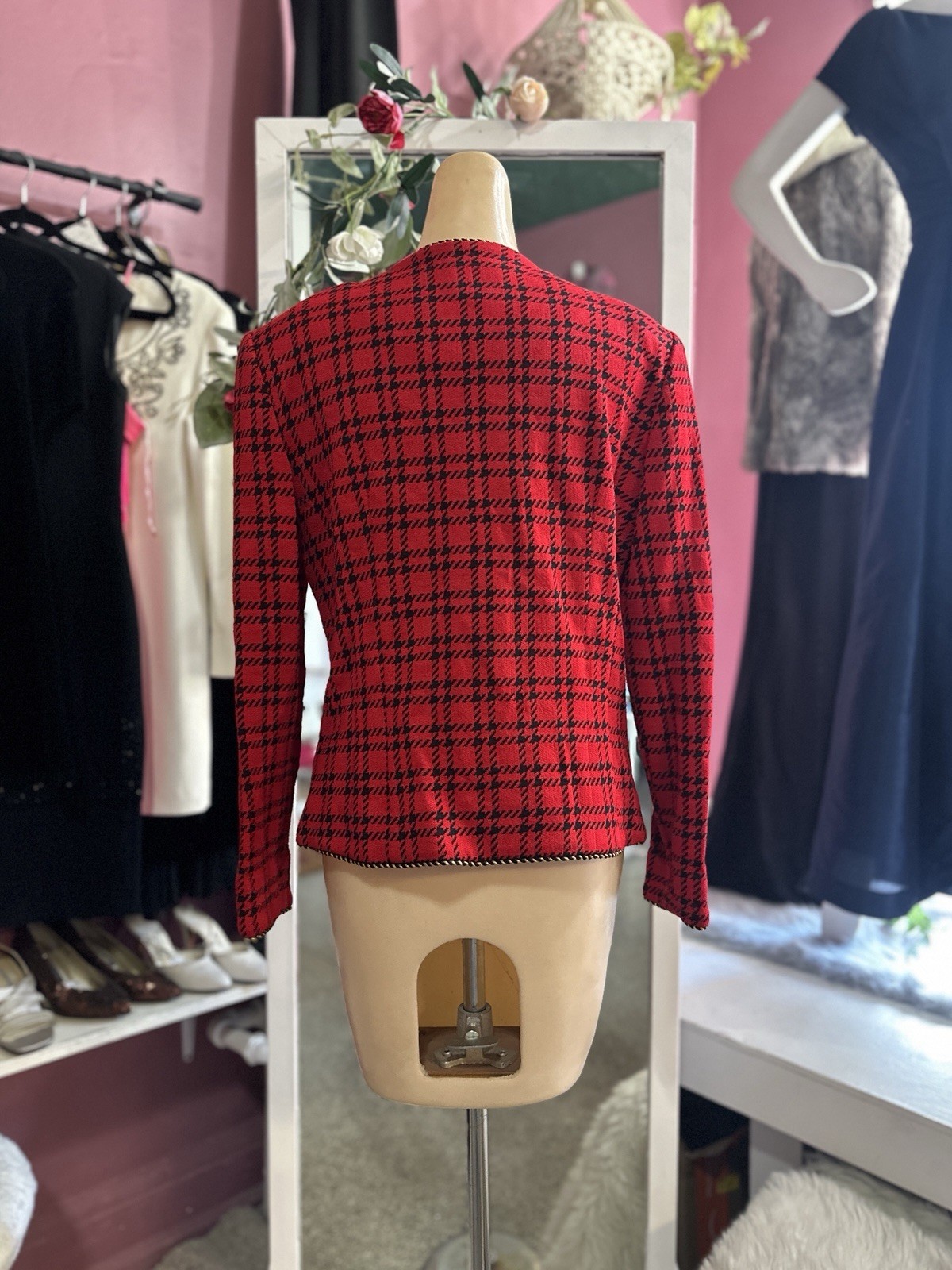 Vintage 80s Red Black Houndstooth Blazer Structured New Wave Holiday Diana M