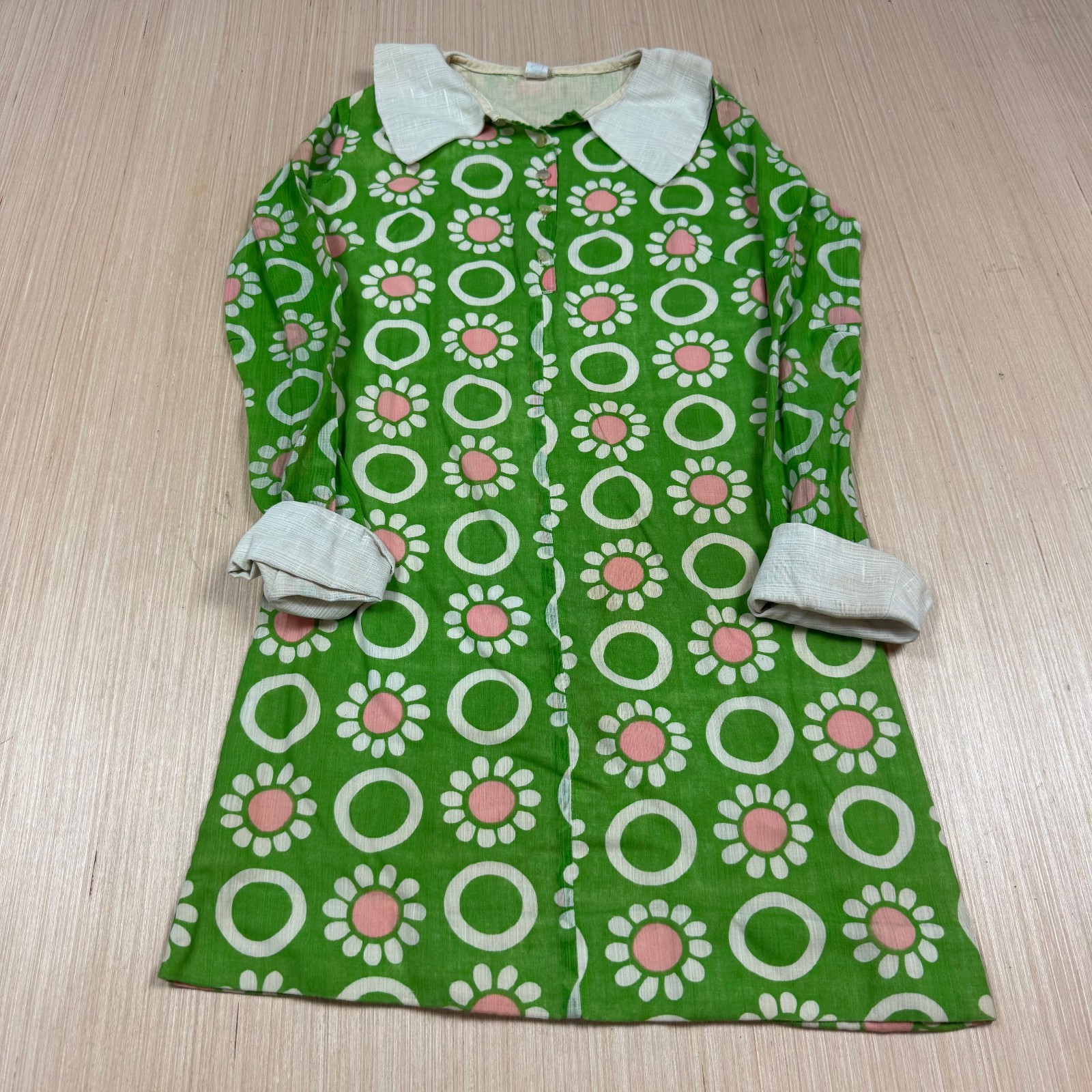 Vintage 60s 70s Flower Power Dress Mod Atomic Small Hippie Psychedelic Mini Pink