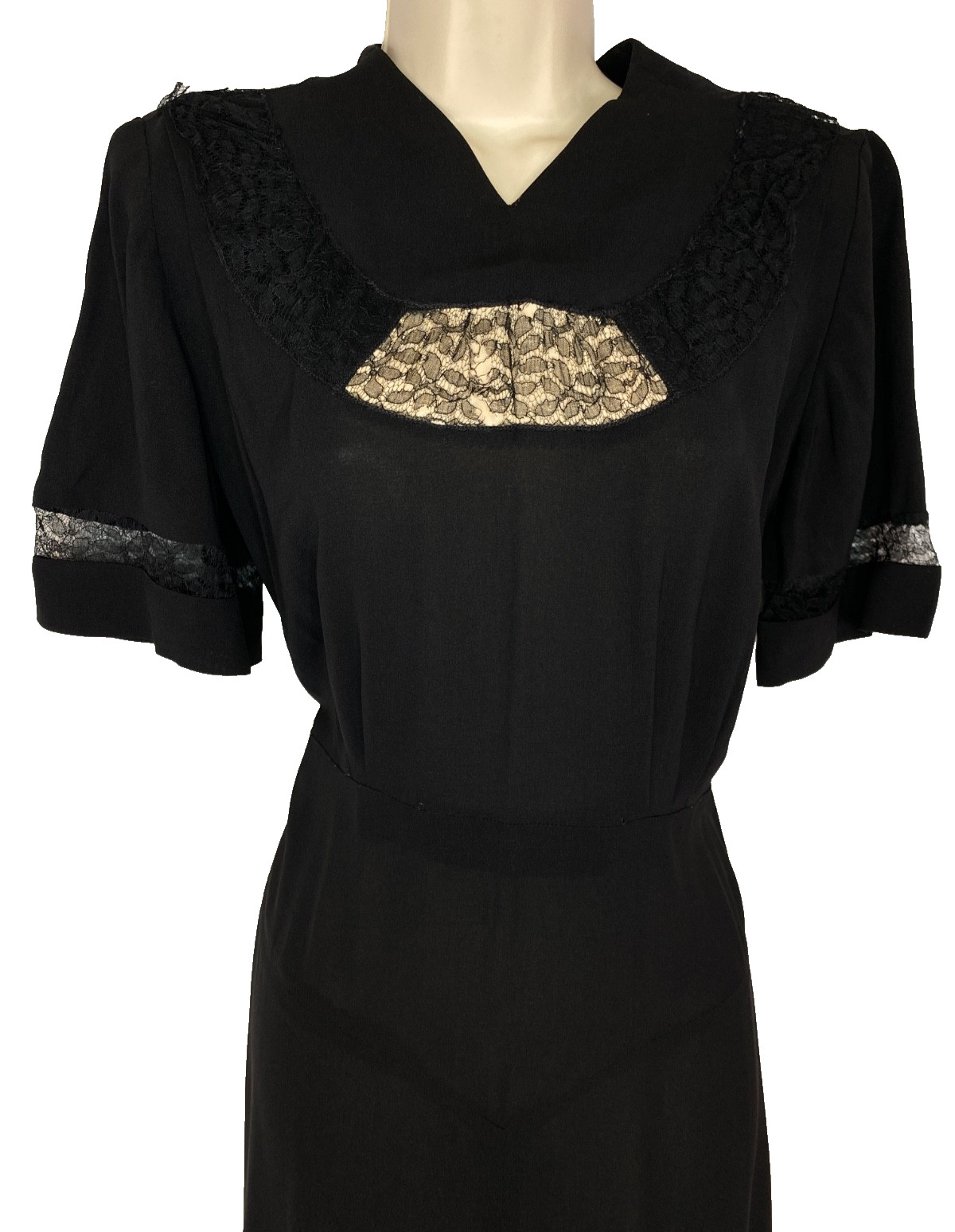 Vintage 1940s black midi dress set M short sleeve jacket rayon lace
