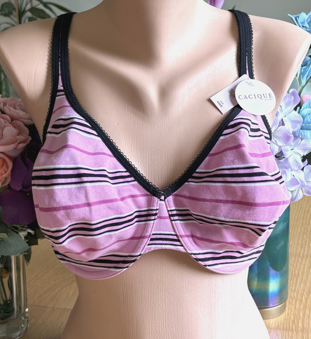 CACIQUE 44DD Pink Striped Molded Cup Cotton Stretch Underwire Demi Bra NWT NEW