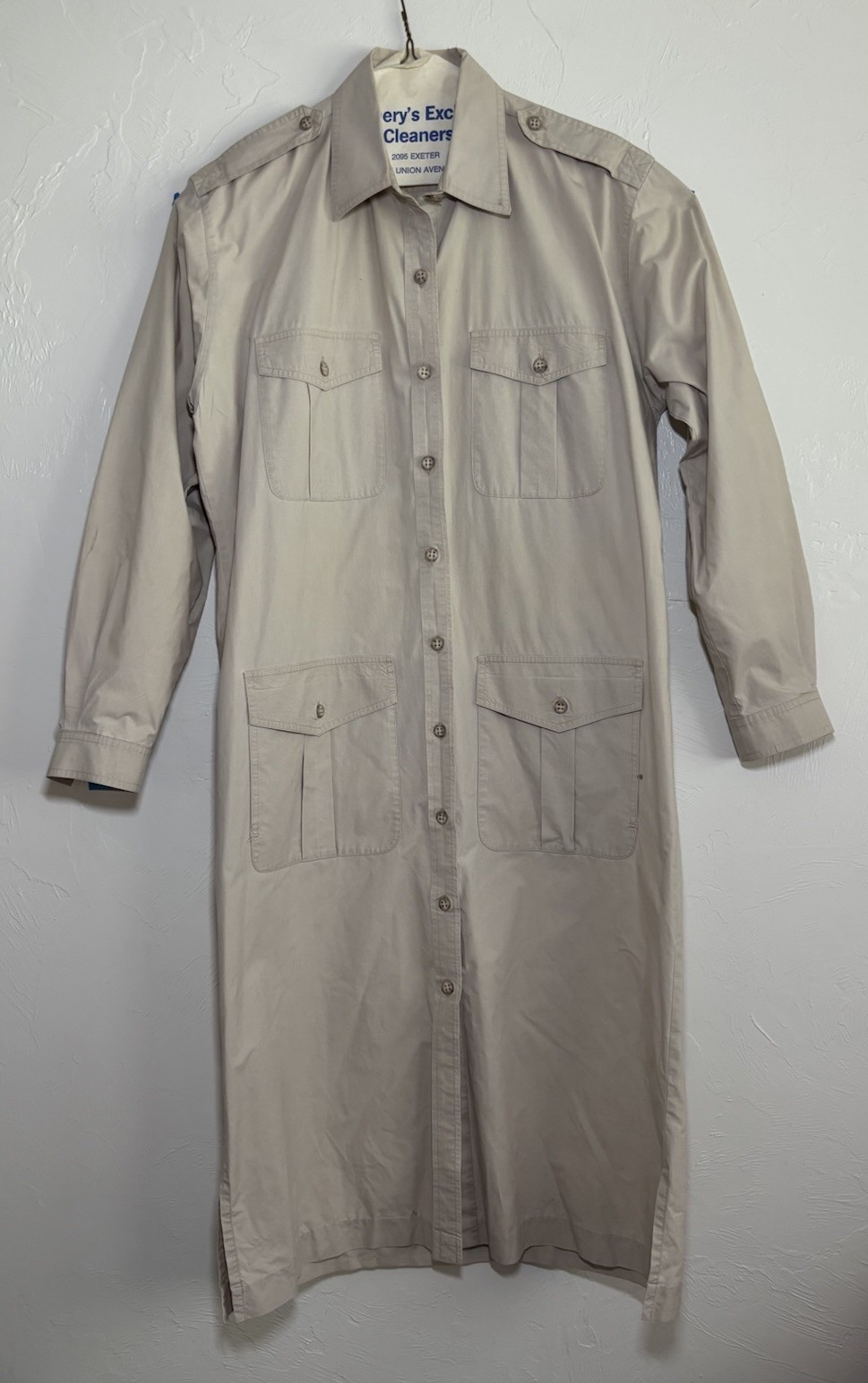 Vintage &rsquo;80s Banana Republic Khaki Safari Button Down Midi Coat Shirt Dress Sz L