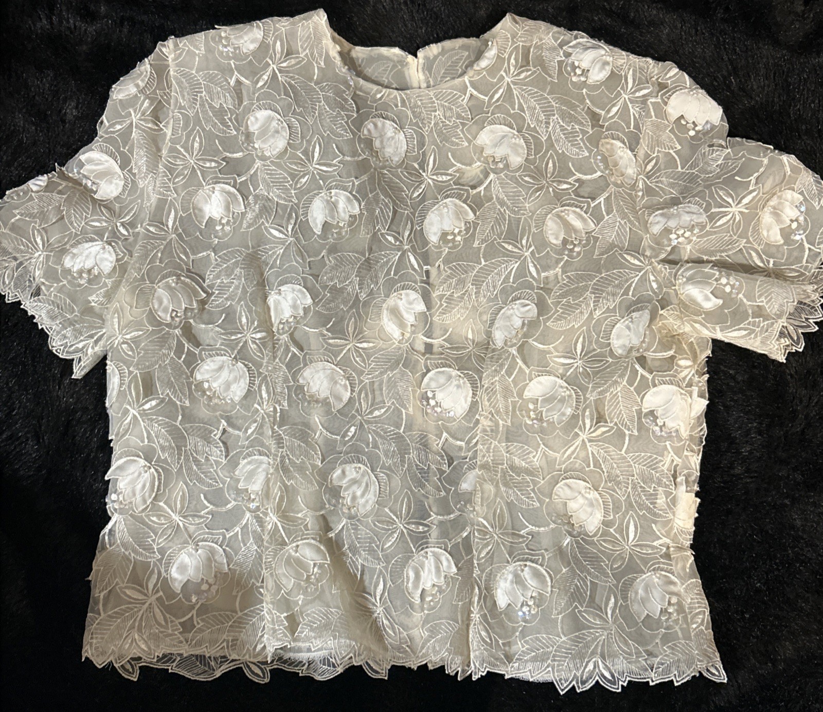 Vintage Beaded/Sequined Appliquéd Lace Top Pearl Style Buttons & Peekaboo Back