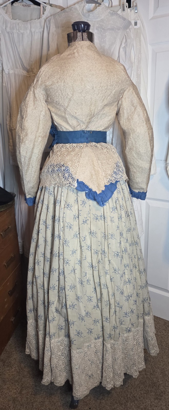 1850s Victorian 4pc Beige/Teal Cotton Blend Visiting Dress w/ Peplum & Lace Belt