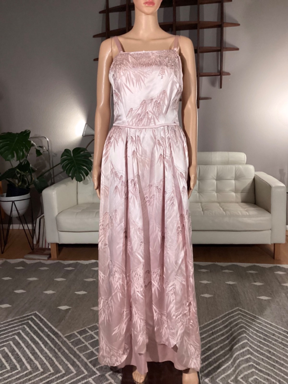Vintage 50s Pink Satin Floral Beaded Sequin Layered Long Evening Party Dress