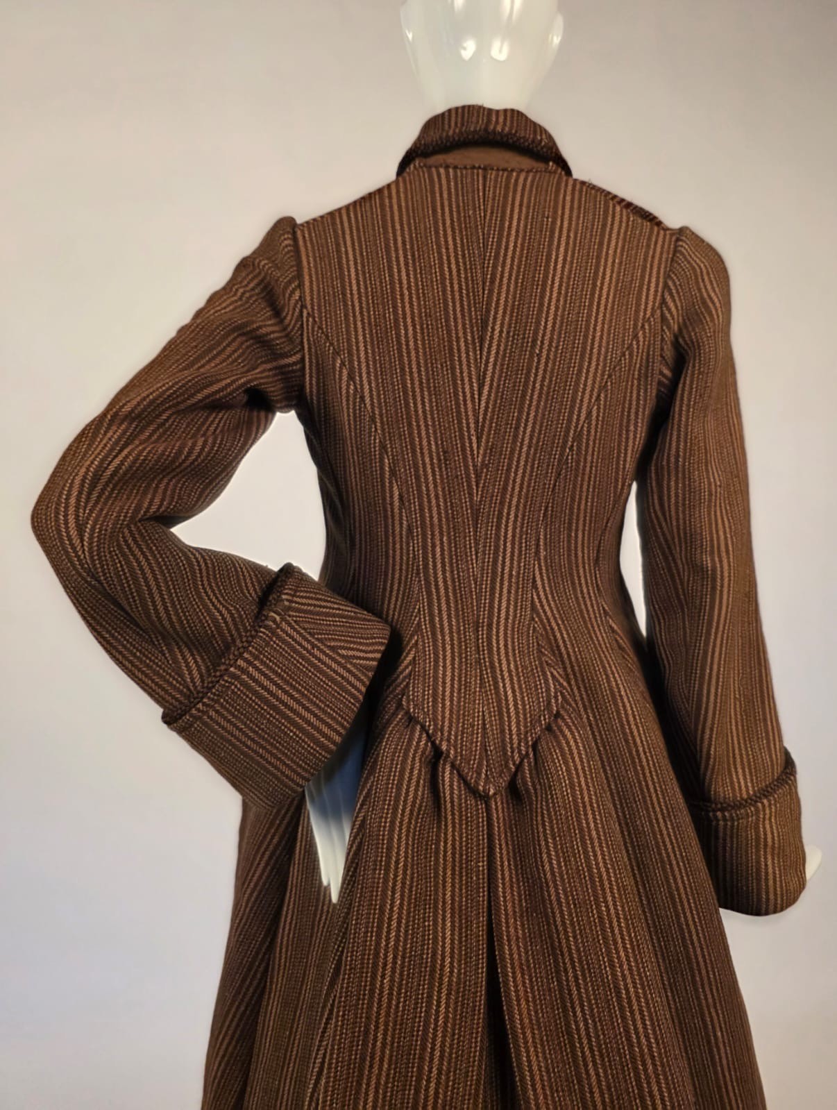 VICTORIAN 1880’S FLANNEL LINED STRIPED WOOL BUSTLE BACK DRESS COAT