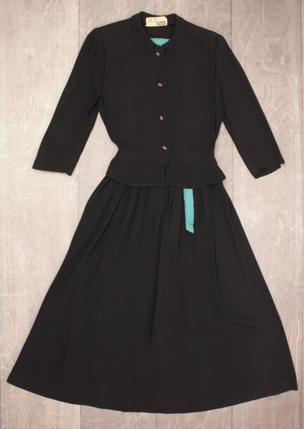 Vtg Women&rsquo;s 40s Black & Teal Trim Shirtwaist Dress W/ Peplum XS/S 1940s