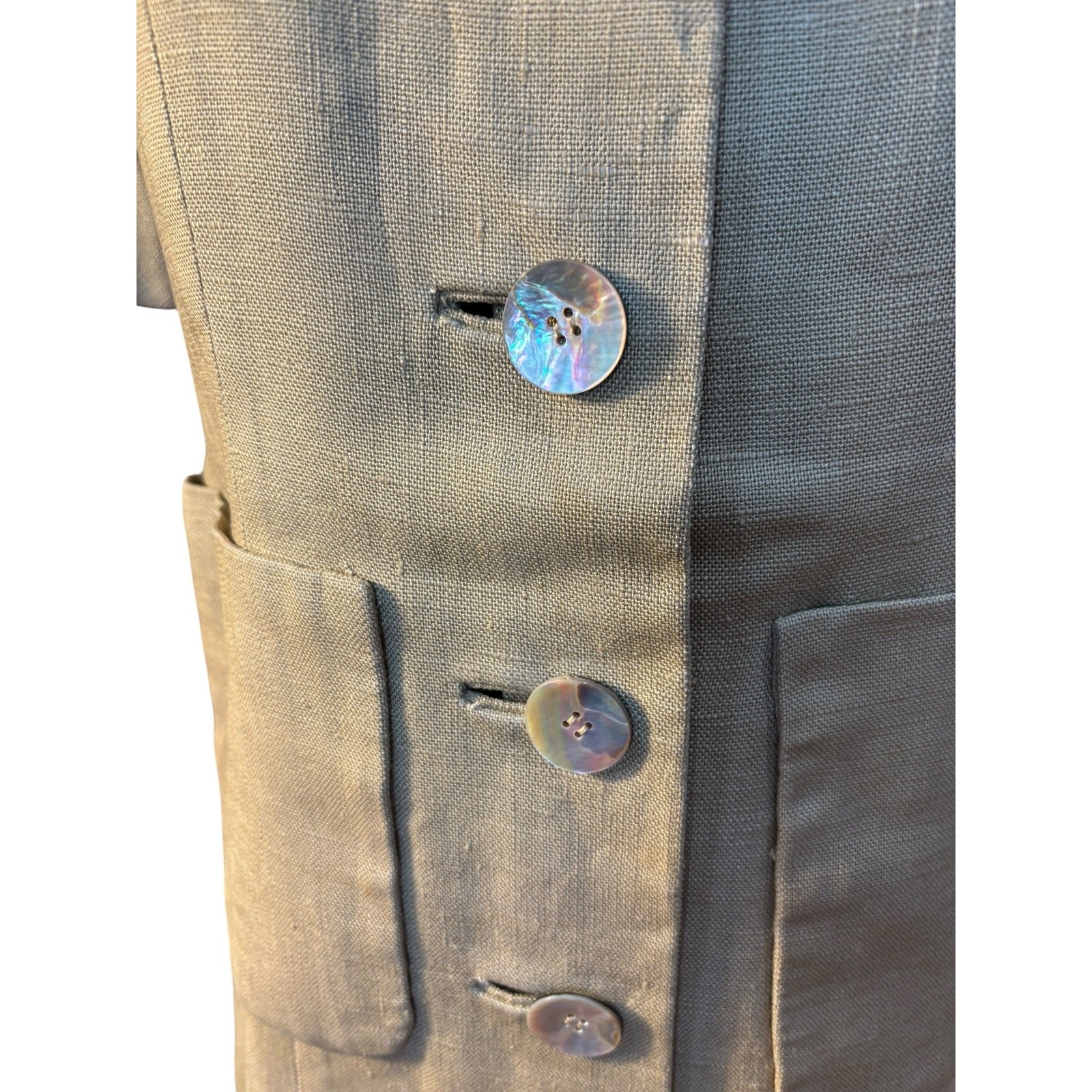 Oatmeal Linen Mod Dress 1960s Shell Button Shift Jackie O Pockets 36 38