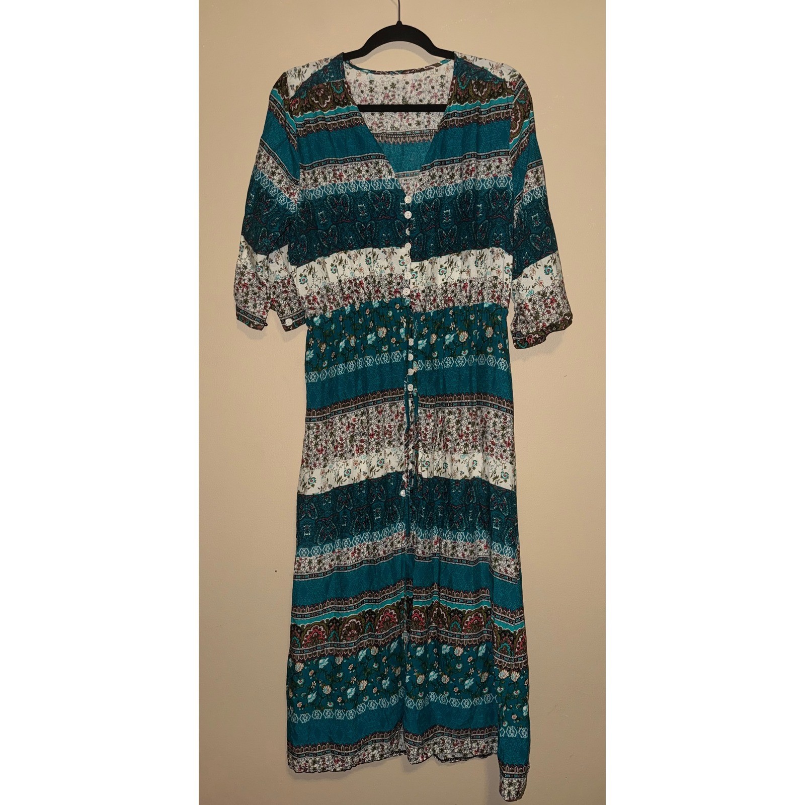 Womens Teal Floral Patchwork Boho Button Front Maxi Dress XXL Drawstring Artsy