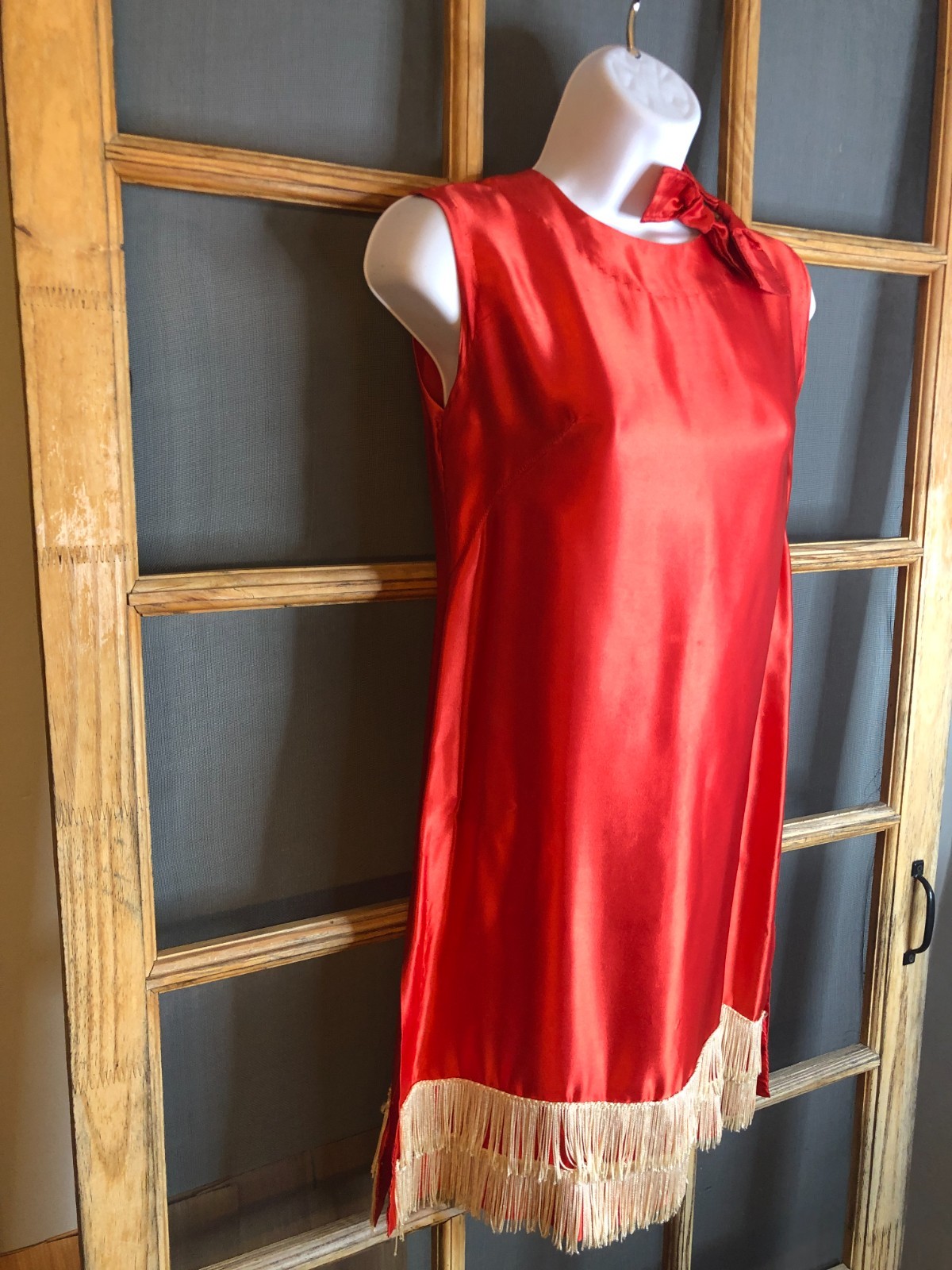 Vintage Red Satin Flapper Dress Womens Halloween Costume Fringe Gatsby
