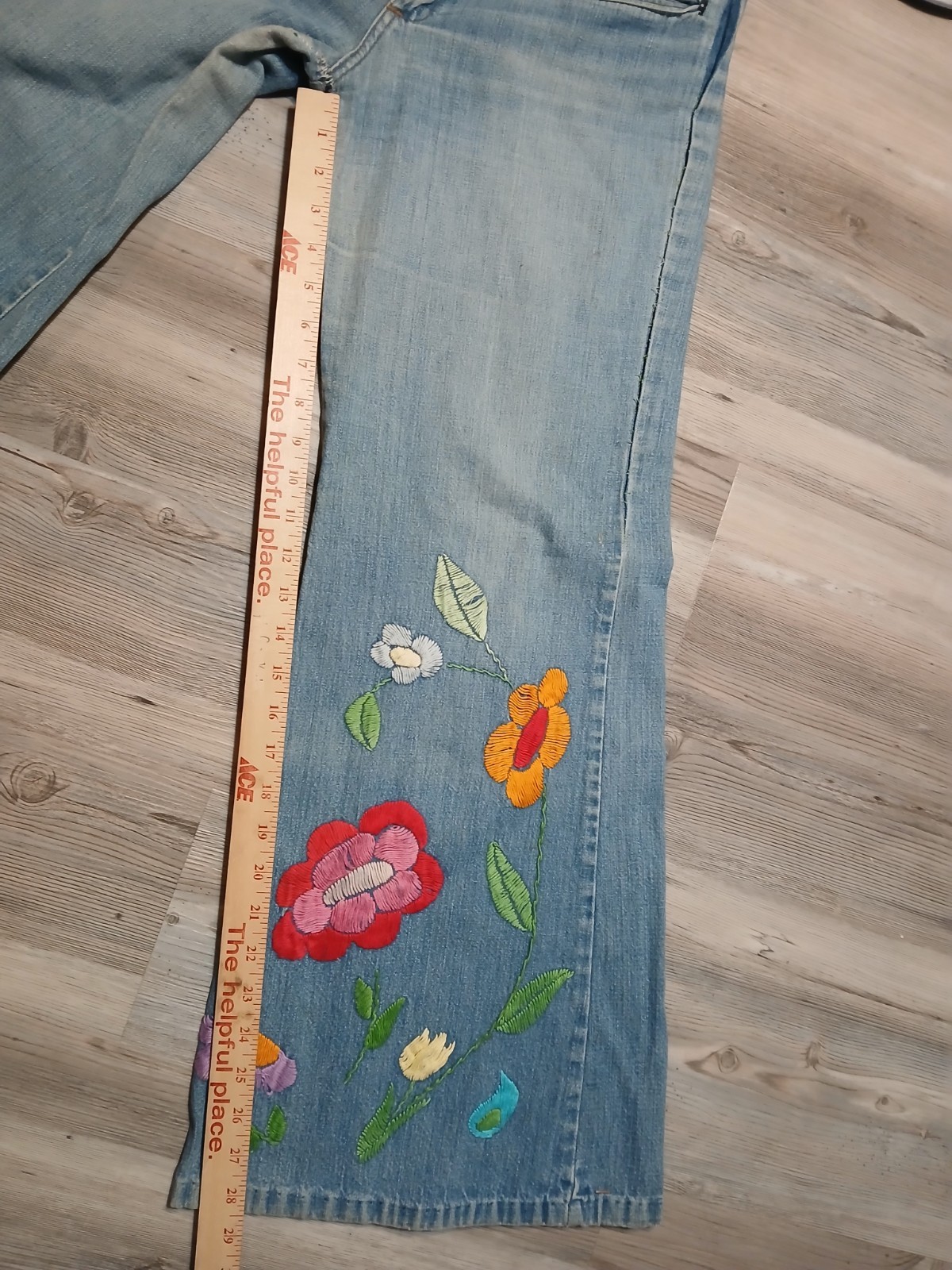 Vintage 70s Denim Bell Bottom Custom Embroidered Flare Hippy 32×28.5 RARE Floral