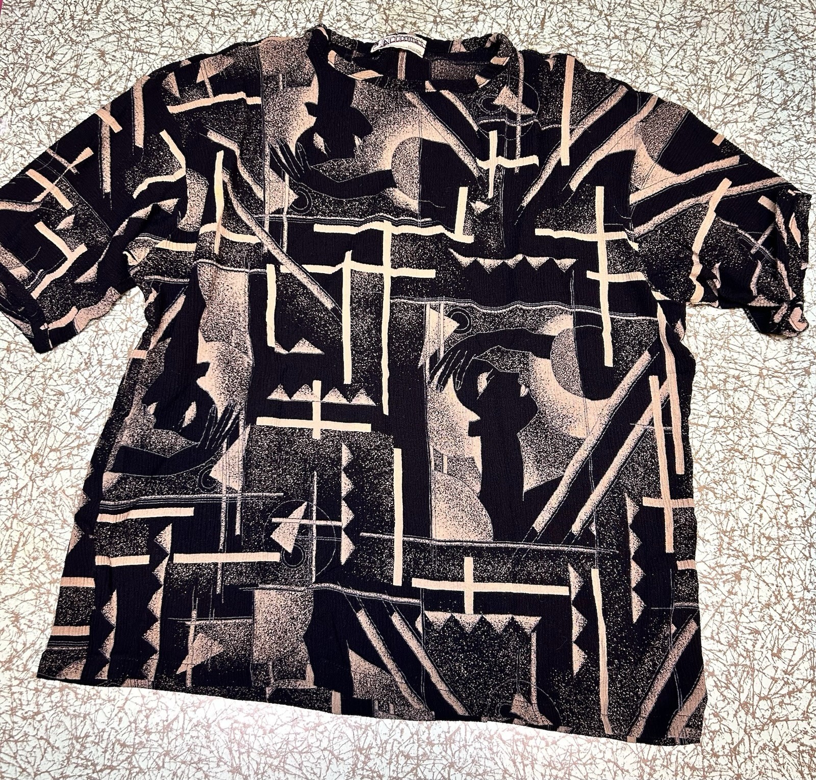 VTG 80s 90s Attitudes Abstract Print Short Sleeve Blouse Womens L Art Deco