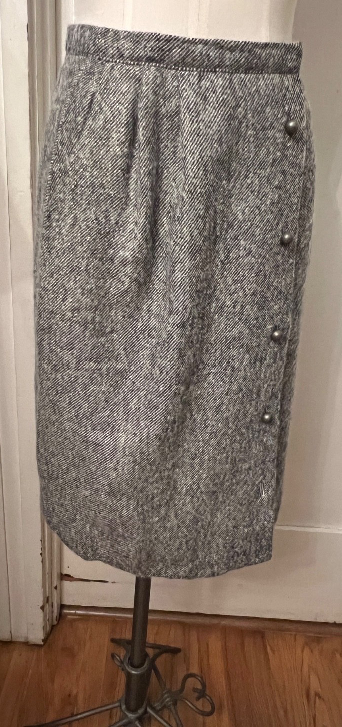 Vintage Ruth Matthews Design Tweed Wool Skirt Suit Black Brown Tan Grey Size 10