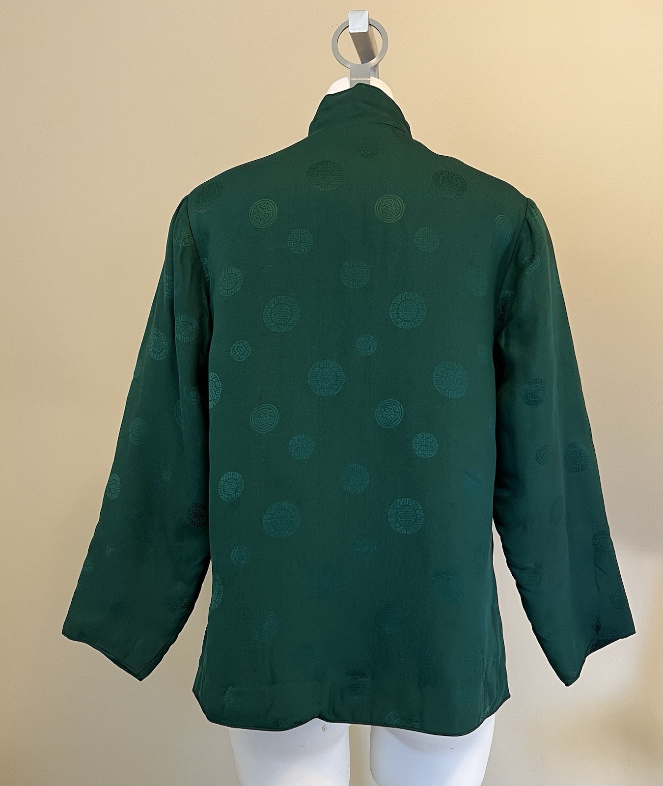 Vintage Plum Blossoms Satin Silk Jacket Quilted Emerald Green Womens