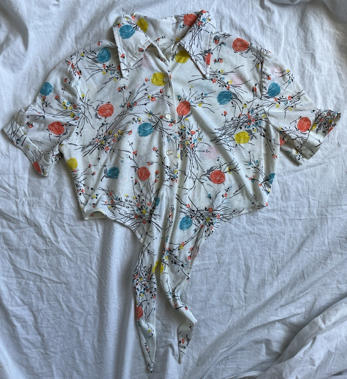 Vintage 70s Floral Crop Tie Blouse Summer Prairie Blooms Hippie Boho Cottage S/M