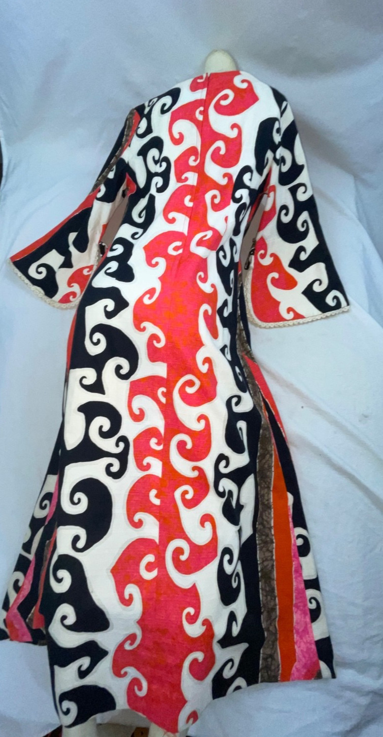 VTG 70S WOMEN CRAZY ABSTRACT PRINT BARKCLOTH HAWAIIAN CAFTAN DISCO HIPPY DRESS