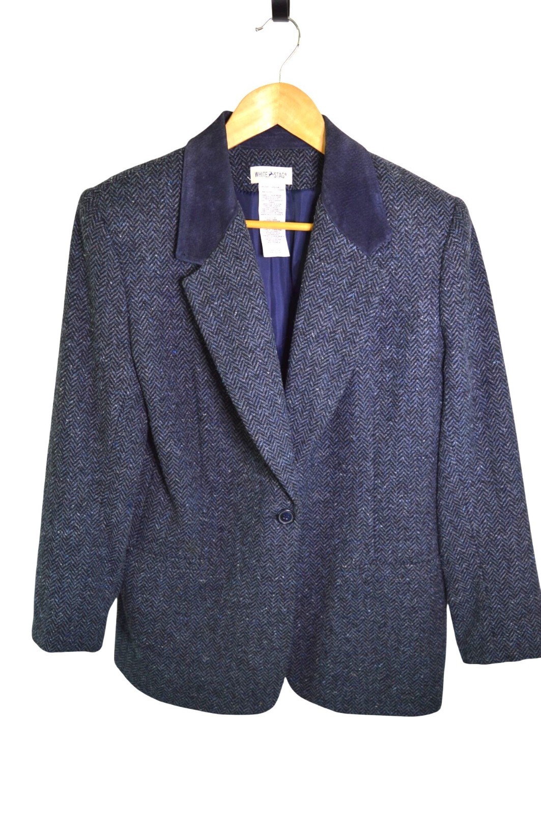 Vintage 90s White Stag Herringbone Blue Grey Blazer Pig Suede Collar Women&rsquo;s 10