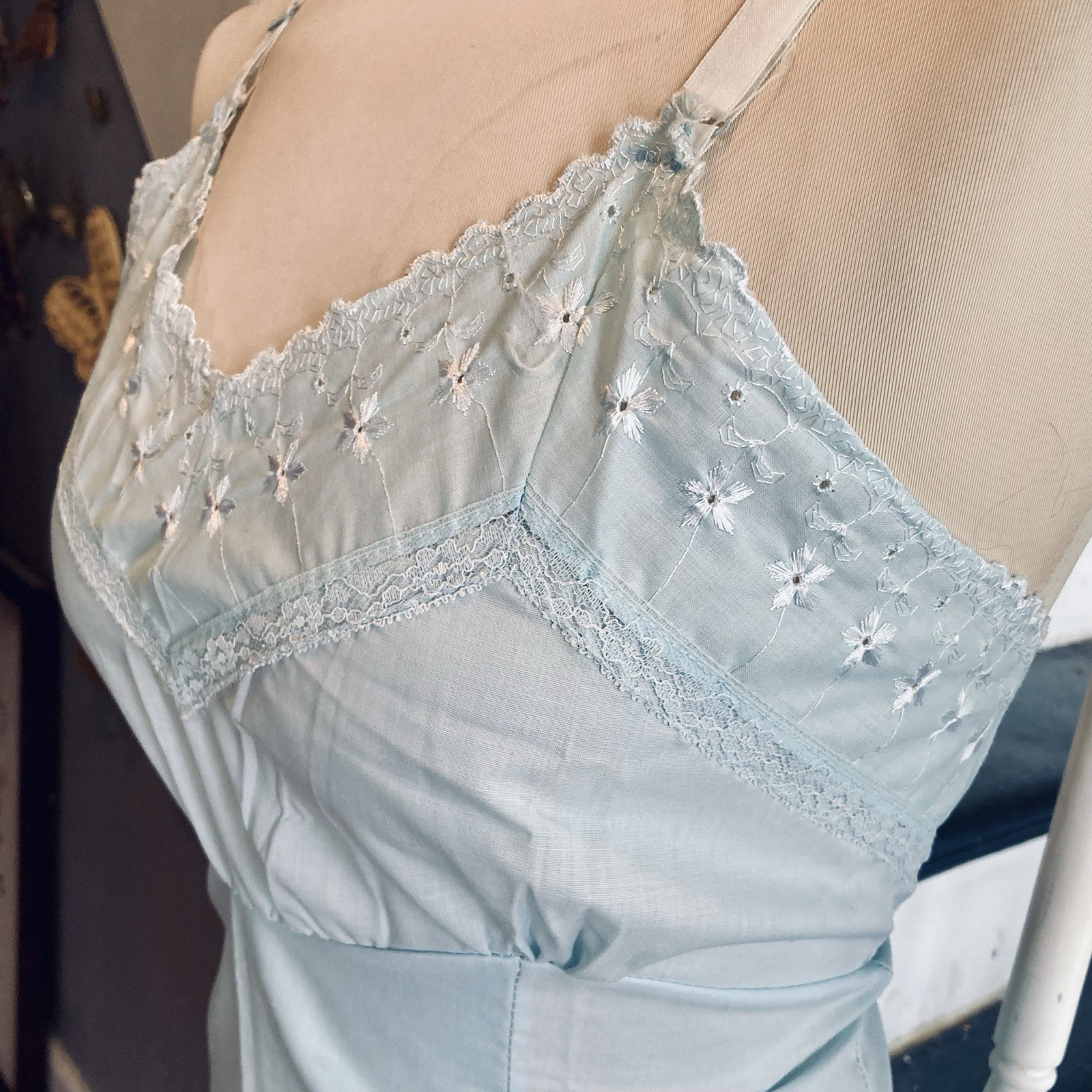 1970s Poly cotton Eyelet Lace Midi Slip Pastel Baby Blue Lingerie Pinup Hippie